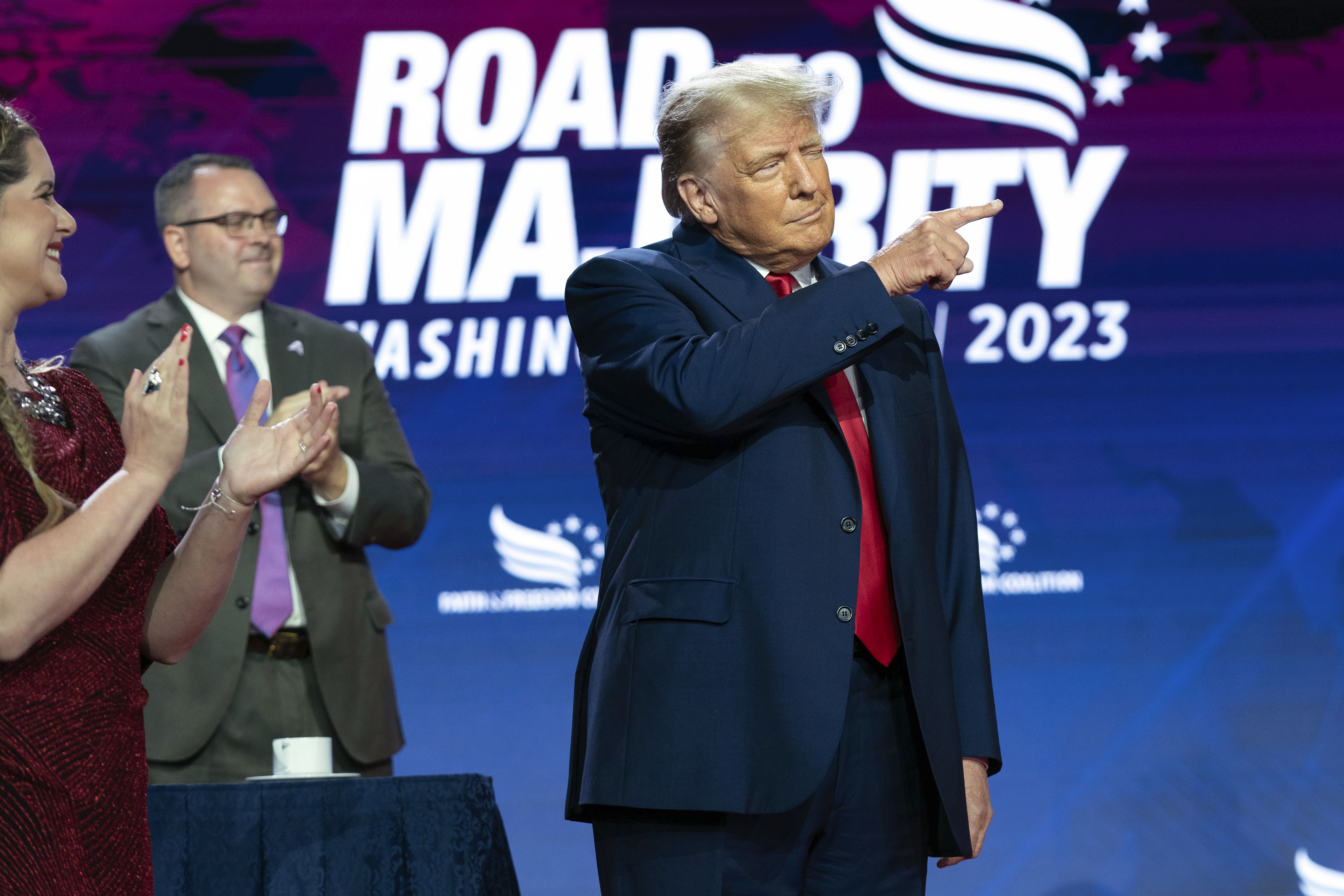 Former President Donald Trump arrives to speak during the Faith &amp; Freedom Coalition Policy Conference in Washington, Saturday, June 24, 2023. (AP Photo/Jose Luis Magana)