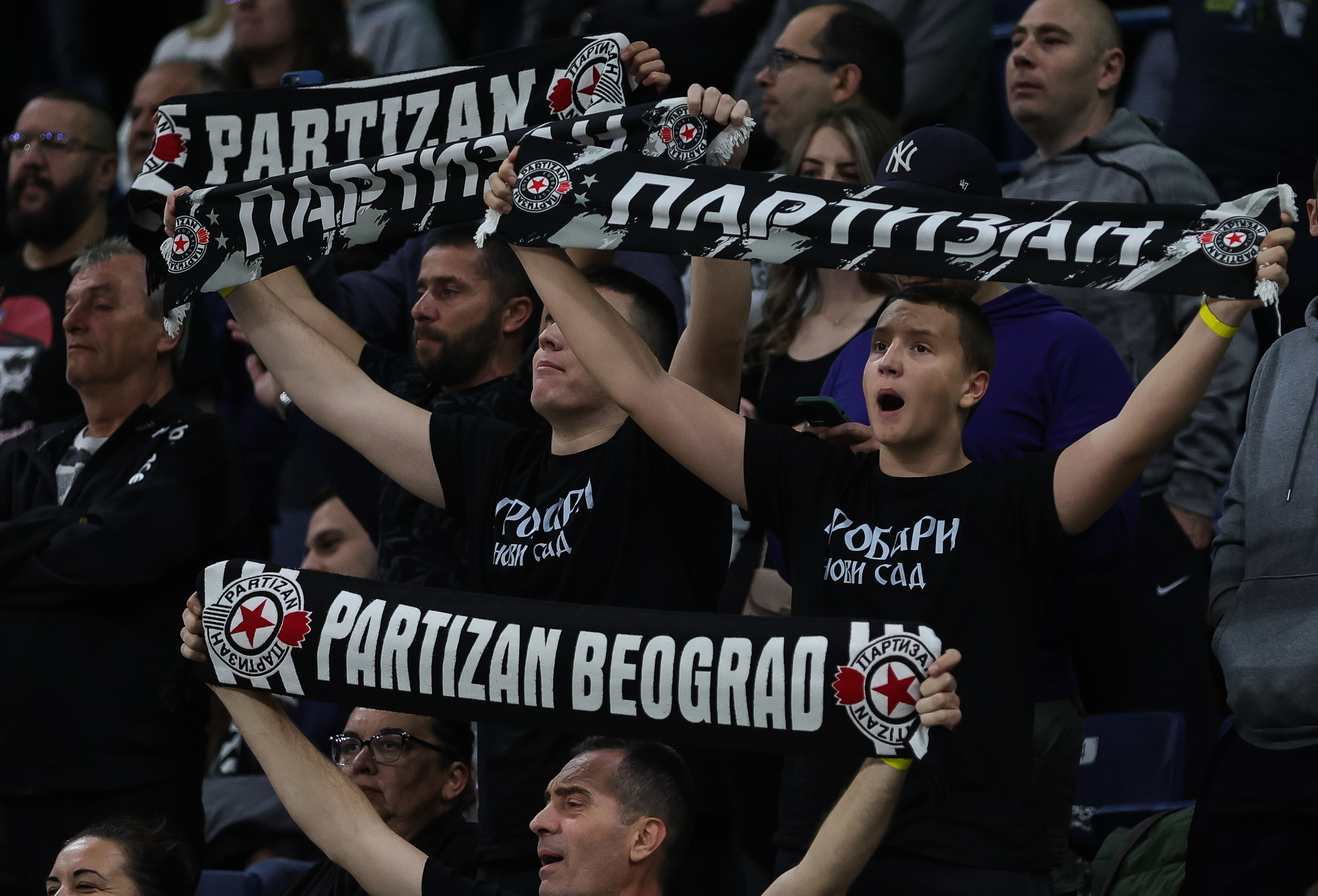 grobari navijaci fans supporters flags zastave    KK Partizan v SC Derby during the Aba League Season 2022-2023 match at Stark Arena on October 16, 2022 in Belgrade, Serbia. (Photo by Srdjan Stevanovic/Starsport.rs ©)