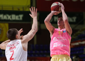 Nikola Djurisic (R) and Stefan Lazarevic during the 2022/2023 Aba League match between Crvena Zvezda mts Belgrade and Mega at Aleksandar Nikolic Hall on December 17, 2022 in Belgrade, Serbia. (Photo by Srdjan Stevanovic/Starsport.rs ©)