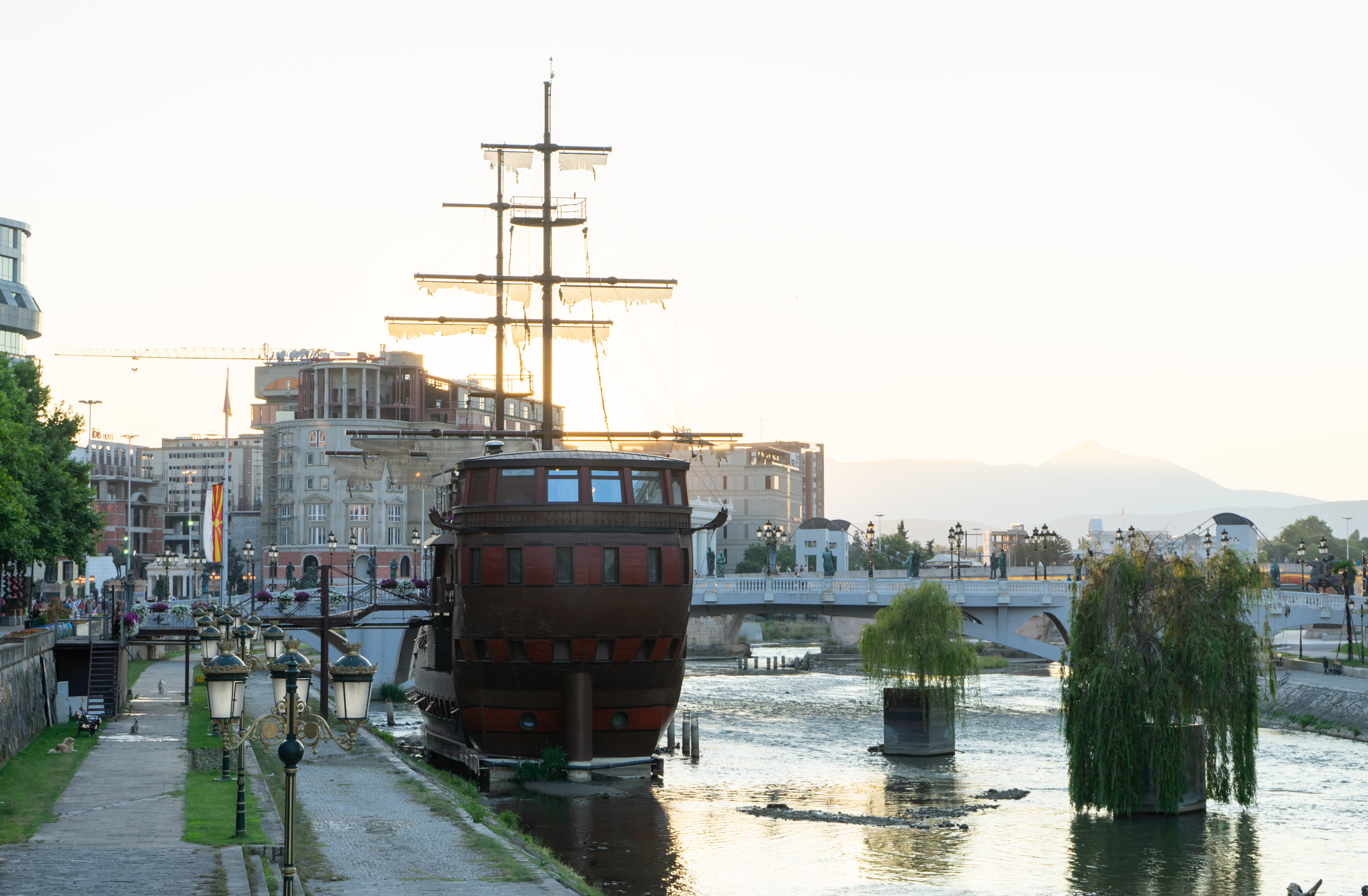 Boat,And,Restaurant.,Sunset,In,Central,Skopje,This,Mock,Galleon