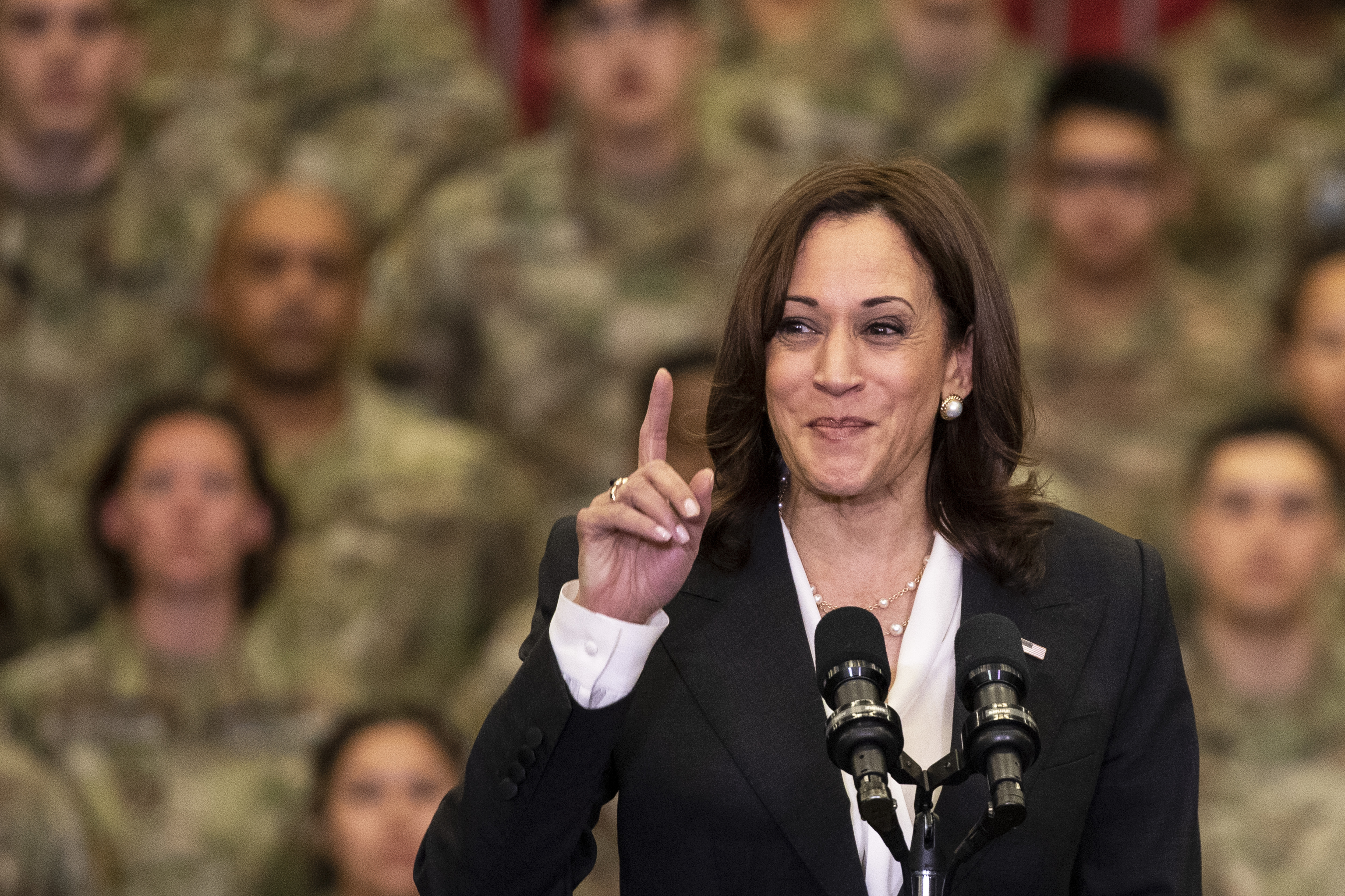 epa09896542 US Vice President Kamala Harris delivers a speech on stage during a visit to the Vandenberg Space Force Base in Lompoc, California, USA, 18 April 2022.  EPA-EFE/ETIENNE LAURENT