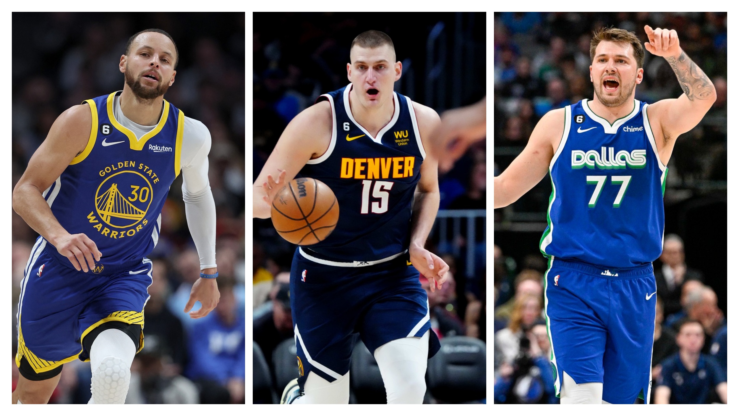 Steph Curry (igrač Golden stejta= levo, Nikola Jokić u sredini u dresu Denvera i Luka Dončič desno u dresu Dallasa kombo