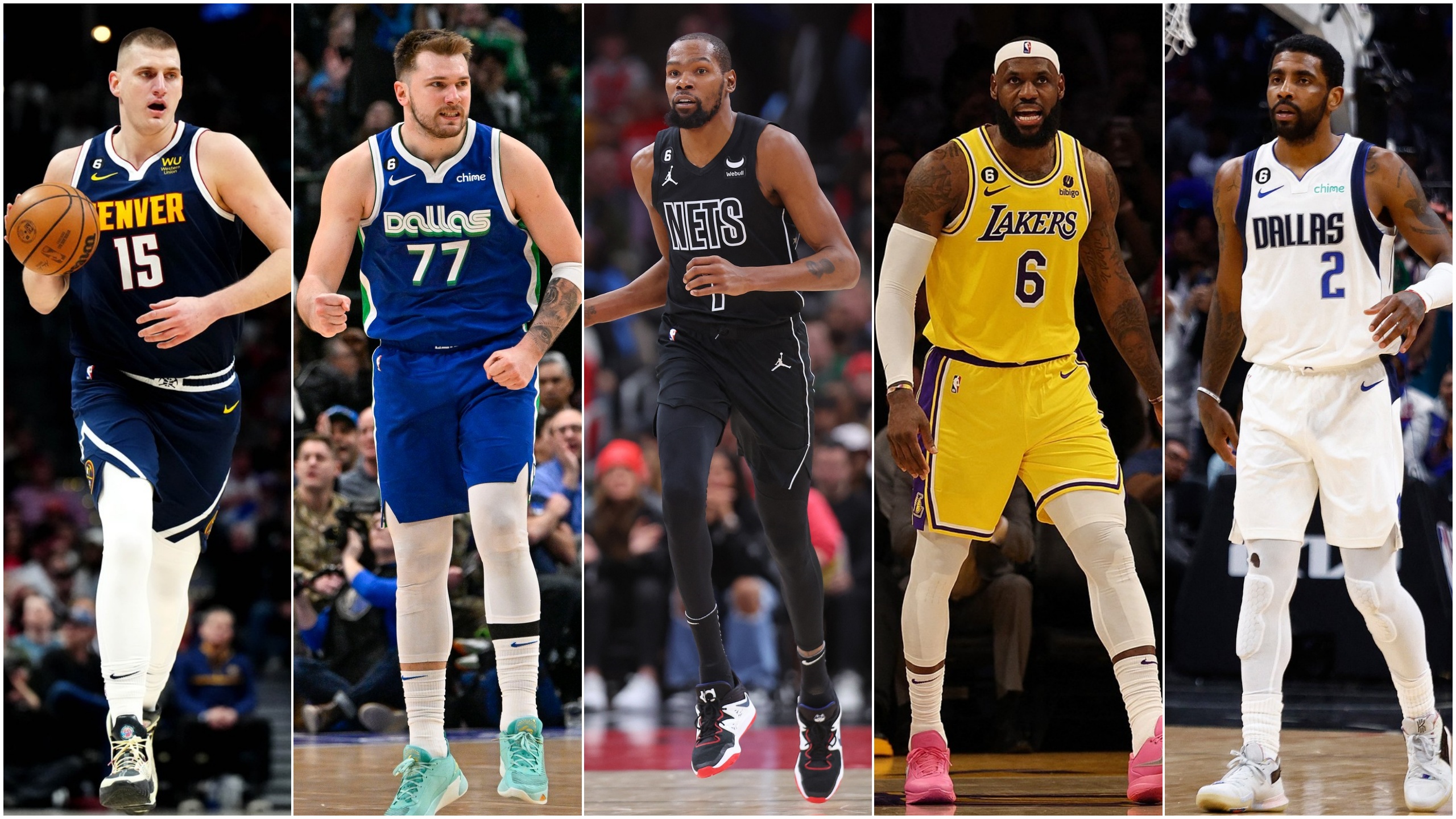 Nikola Jokić, Luka Dončić, Kevin Durant, Lebron Džejms i Kajri Irving, kombo Foto: USA TODAY Sports / ddp USA / Michael Reaves / Getty images / Harry How / Getty images / RONALD MARTINEZ / Getty images / Profimedia