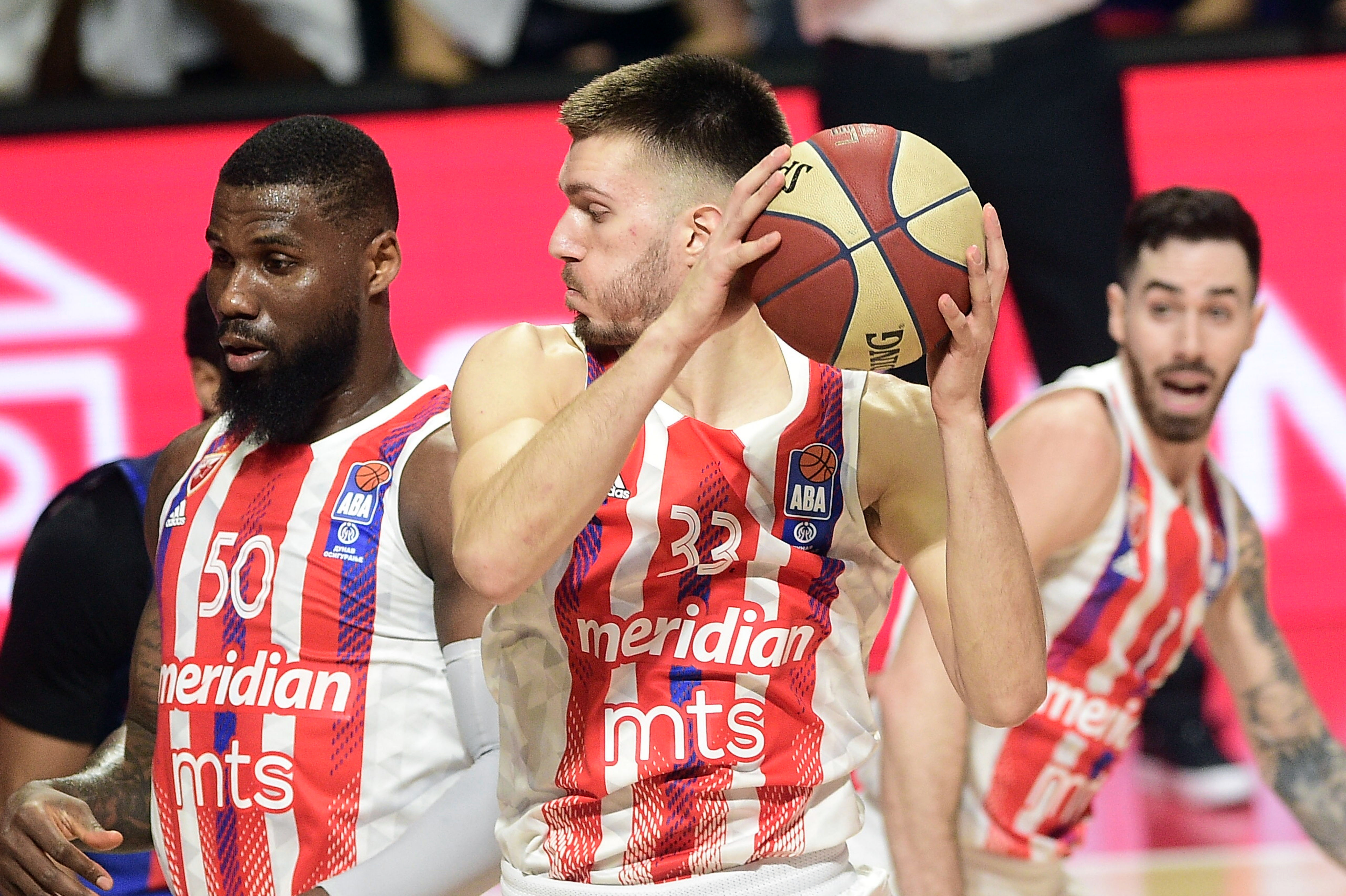 Ben Bentil (L) and Filip Petrusev (R) at ABA league match between kk Crvena Zvezda and kk Igokea played at Belgrade, 05.02.2023. at Aleksandar Nikolic hall (Photo by Dusan Milenkovic/Starsport.rs ©)