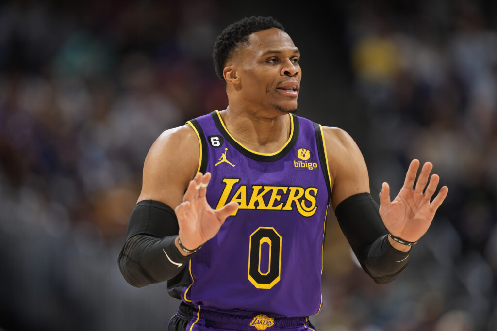 Los Angeles Lakers guard Russell Westbrook gestures to the bench in the first half of an NBA basketball game against the Los Angeles Lakers, Monday, Jan. 9, 2023, in Denver. (AP Photo/David Zalubowski)