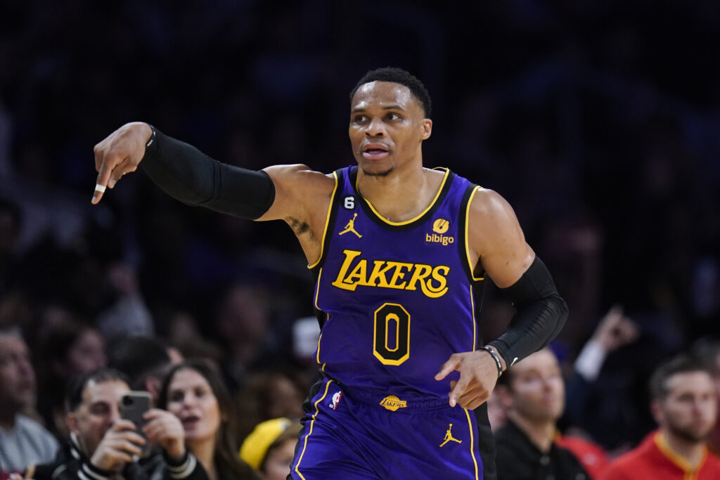 Los Angeles Lakers' Russell Westbrook celebrates his 3-point basket against the Atlanta Hawks during the second half of an NBA basketball game Friday, Jan. 6, 2023, in Los Angeles. The Lakers won 130-114. (AP Photo/Jae C. Hong)
