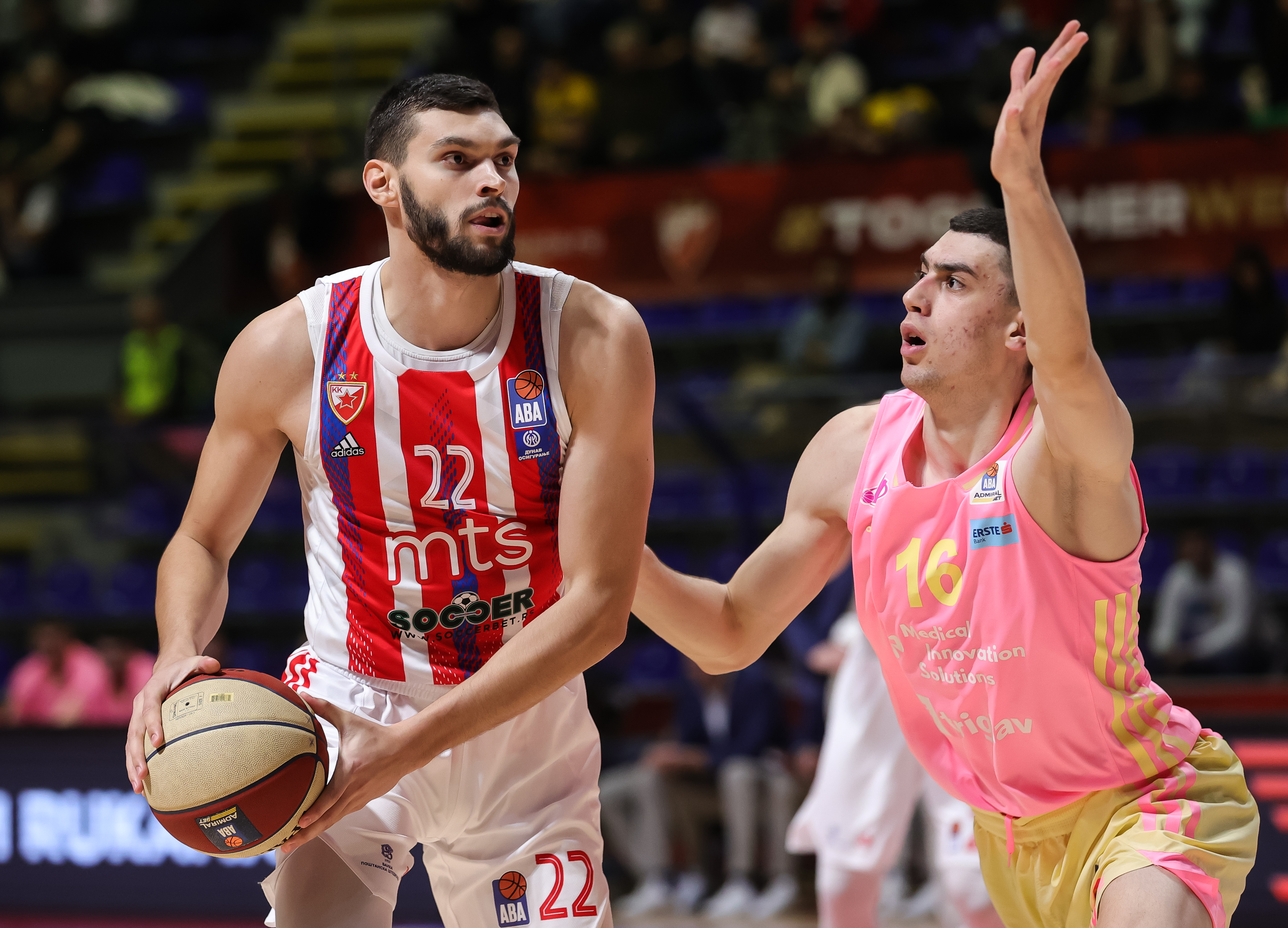 Dalibor Ilic (L) and Andrija Grbovic during the 2022/2023 Aba League match between Crvena Zvezda mts Belgrade and Mega at Aleksandar Nikolic Hall on December 17, 2022 in Belgrade, Serbia. (Photo by Srdjan Stevanovic/Starsport.rs ©)