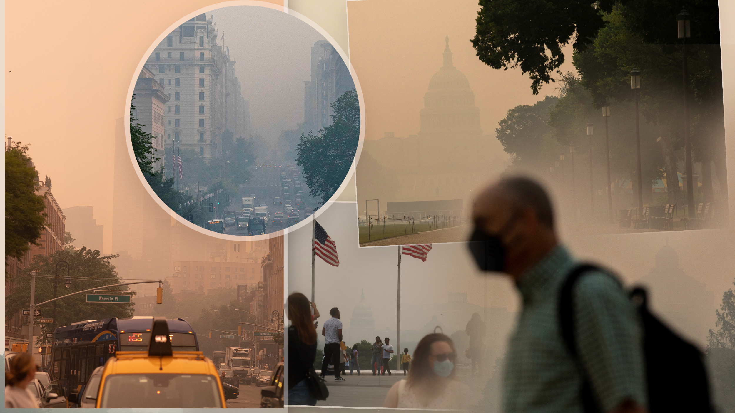 A Yellow Haze Befalls NYC as the Canadian wildfires rage On.
07 Jun 2023,Image: 782020489, License: Rights-managed, Restrictions: World Rights, Model Release: no, Pictured: Washington Square Park With Smoke From Canadian Wildfires,
