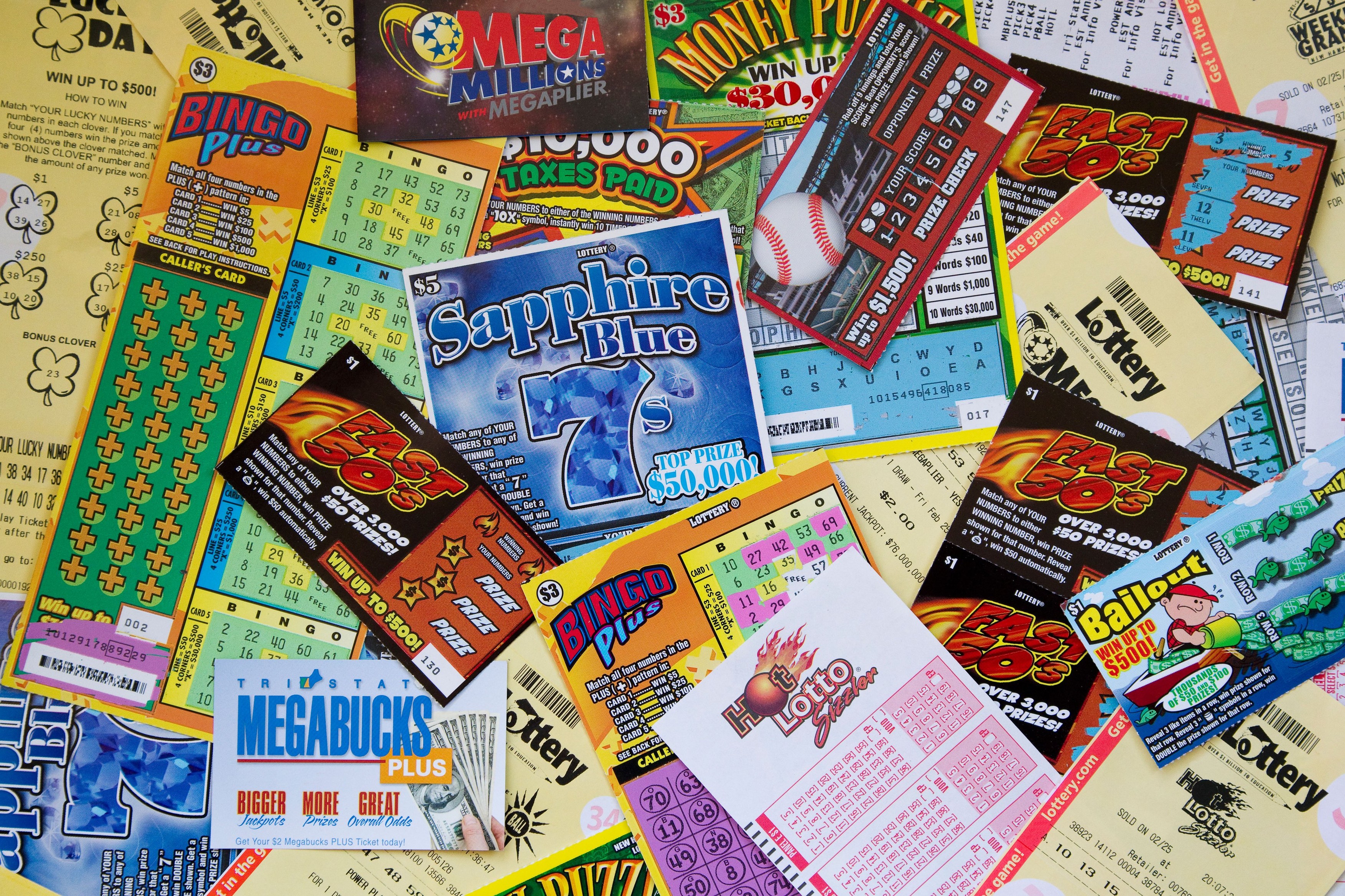 Pile of colorful lottery tickets and scratch tickets