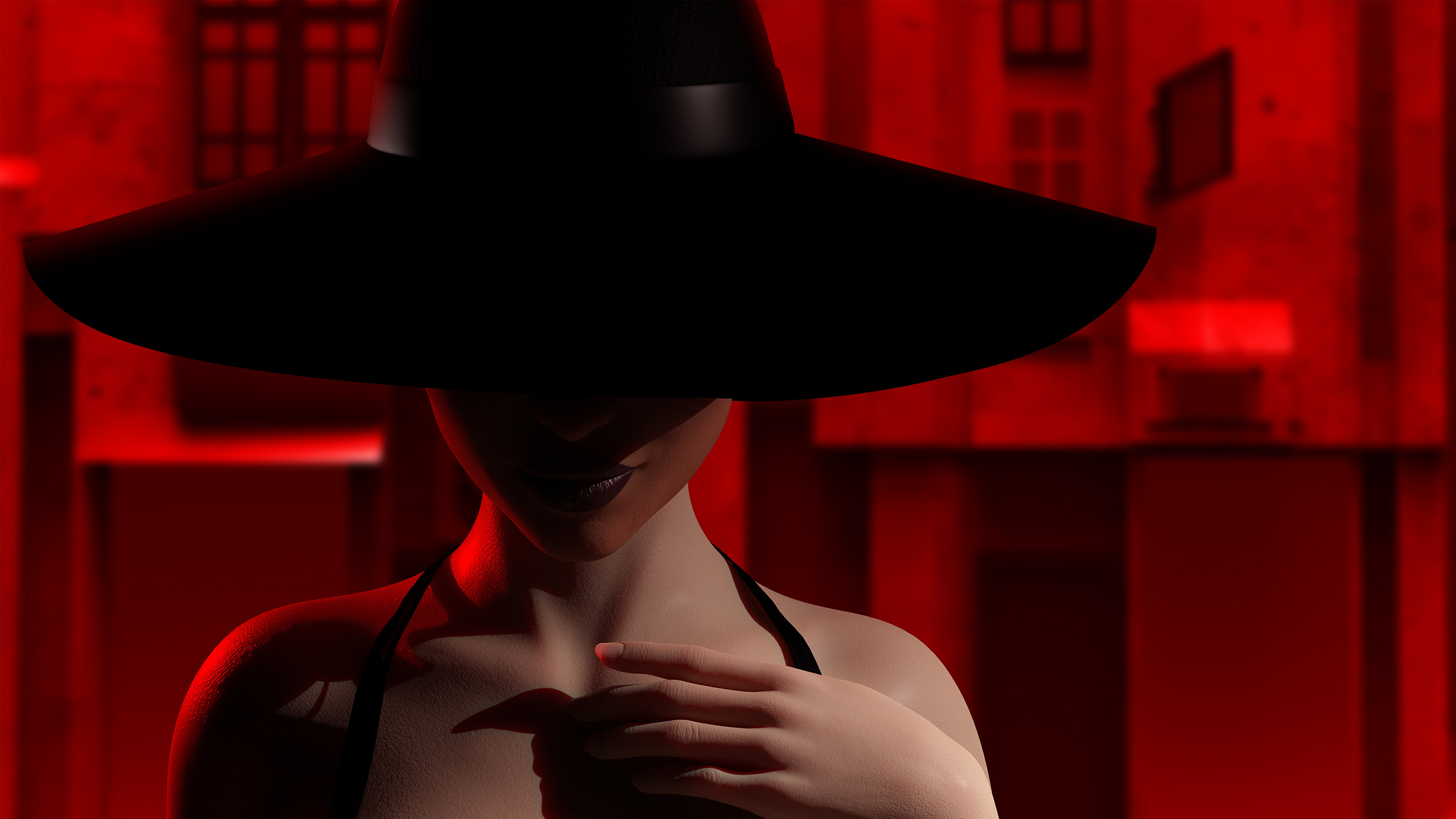seksi zena miateriozna 3d render illustration of sexy mysterious noir lady portrait in black dress and hat standing on red toned city street.