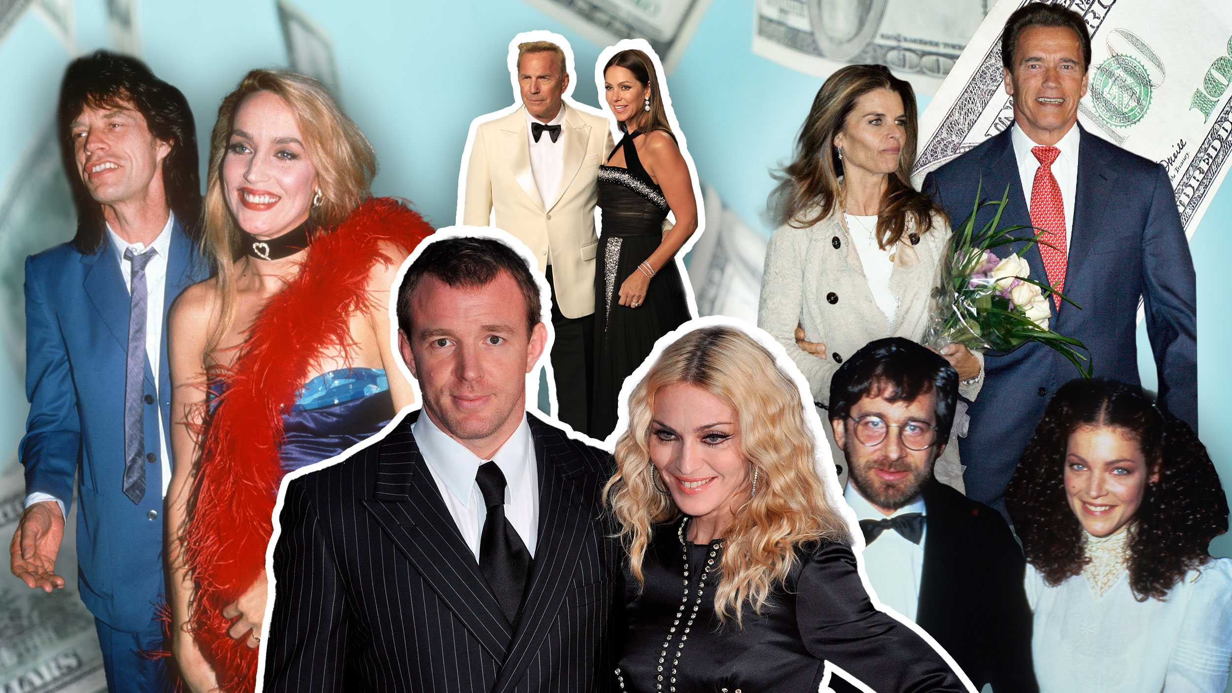 najskuplji razvodi holivuda, Arold Švarceneger i Marija Švajer, Kevin Kostner i Kristin Bomgarne, Madona i Gaj Riči, Mel Gibson i Robin Mur, Mik Džeger i Džeri Hol, Stiven Spilberg i Ejmi Irving