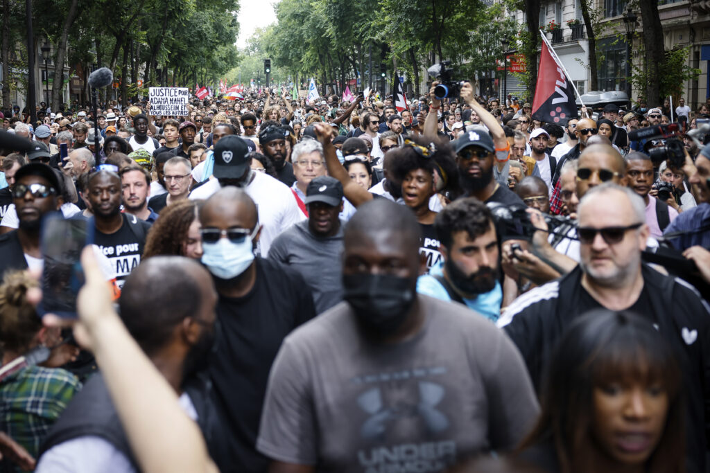 People march during a banned protest against police violence, Saturday, July 8, 2023 in Paris. (AP Photo/Thomas Padilla)