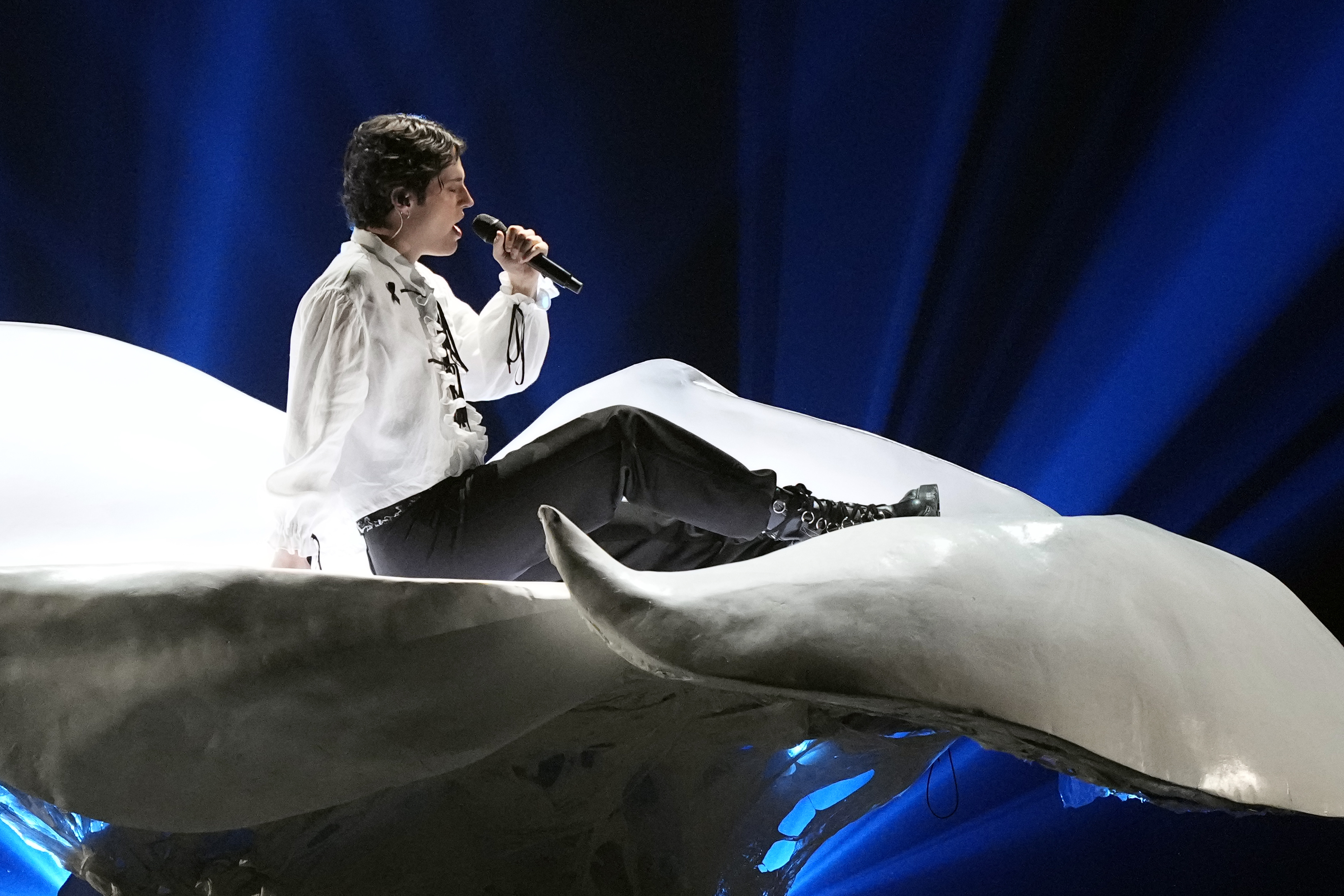Luke Black of Serbia performs during the Grand Final of the Eurovision Song Contest in Liverpool, England, Saturday, May 13, 2023. (AP Photo/Martin Meissner)