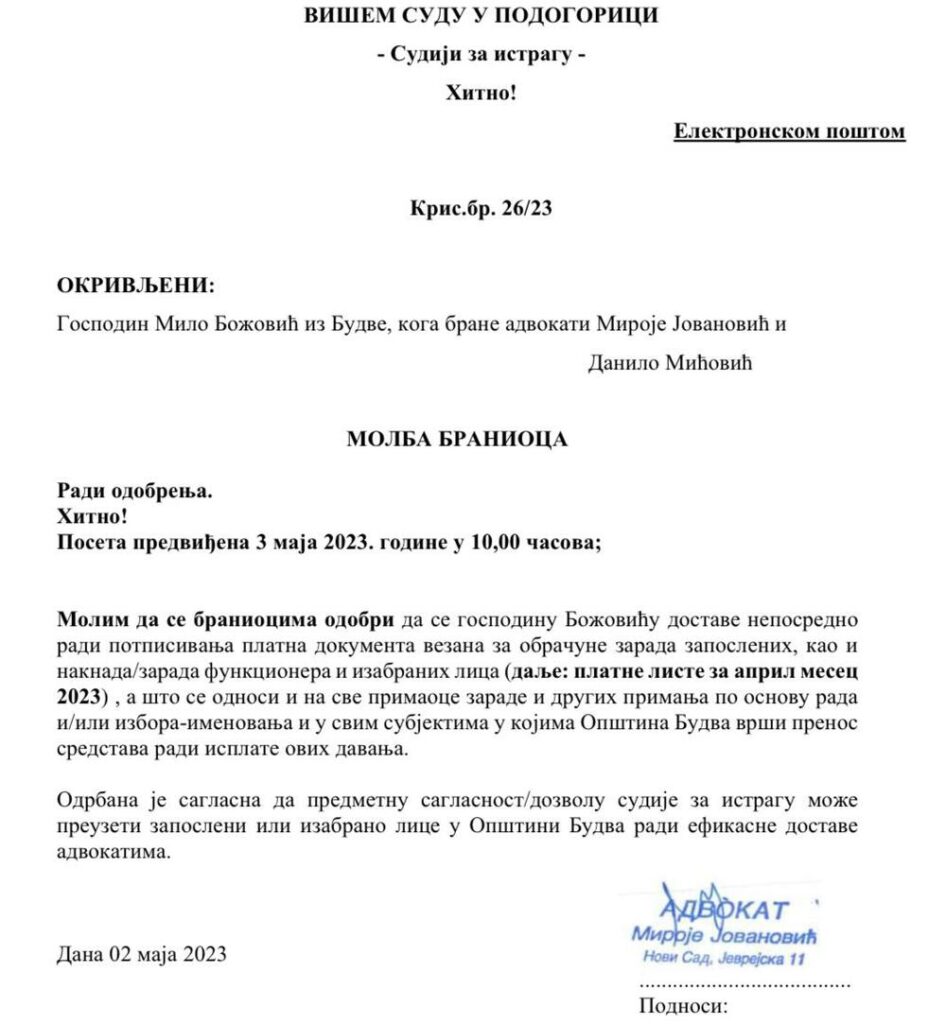 Božović podneo zahtev da mu se omogući potpisivanje plata