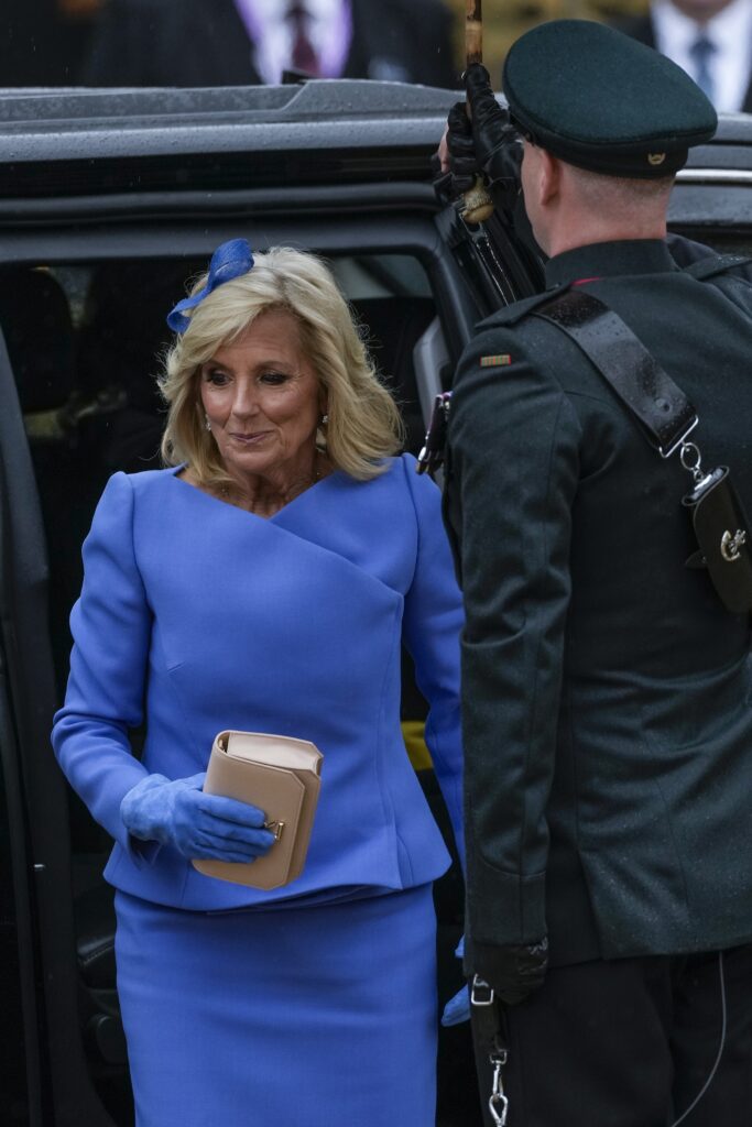 US First Lady Jill Biden arrives at Westminster Abbey prior to the coronation ceremony of Britain's King Charles III in London Saturday, May 6, 2023. (AP Photo/Alessandra Tarantino)