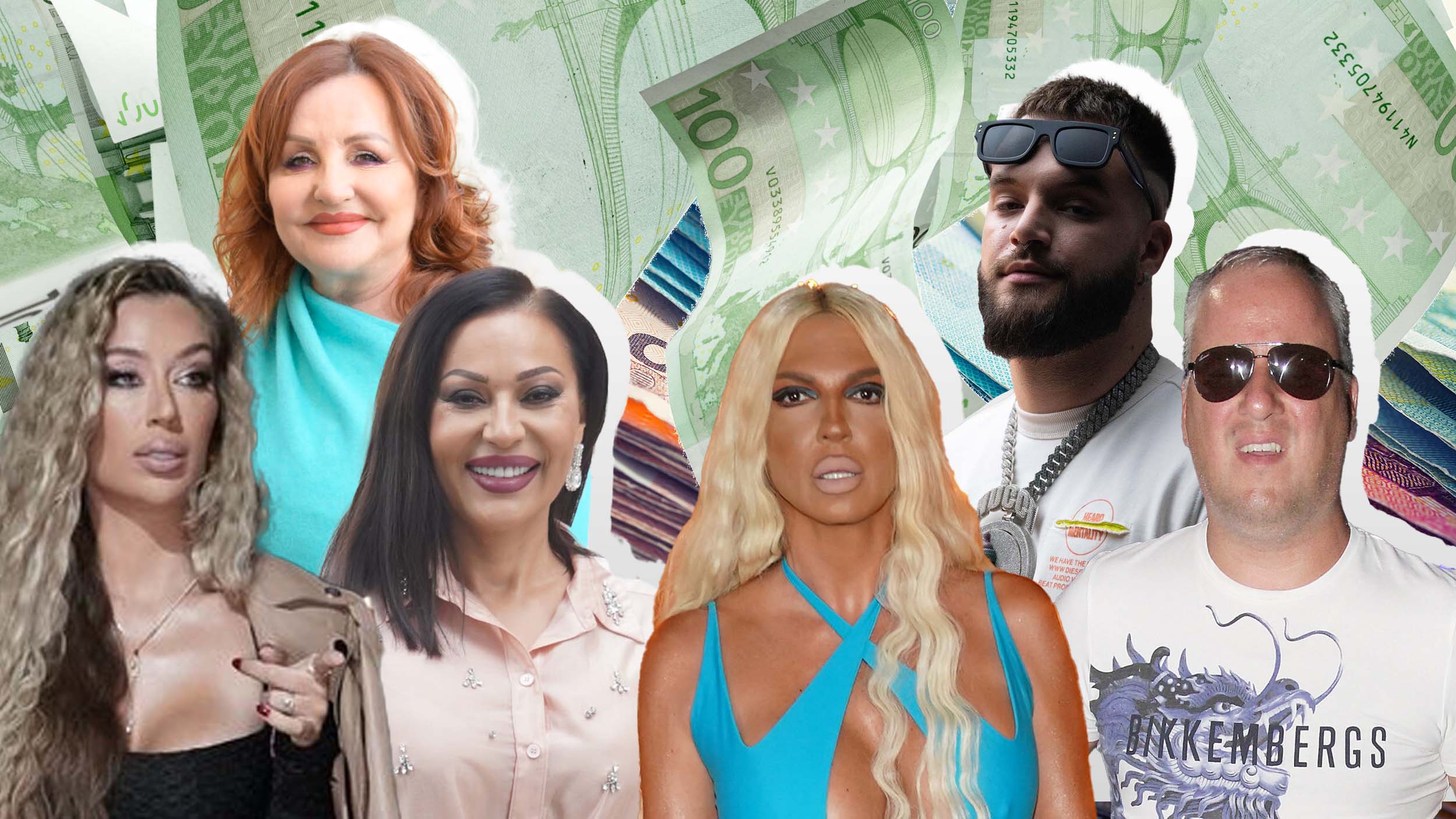 Kombo za kaver Ceca, Nući, Karleuša, Tea Tairović, Saša Matić, Ana Bekuta u pšozadini neke novčanice