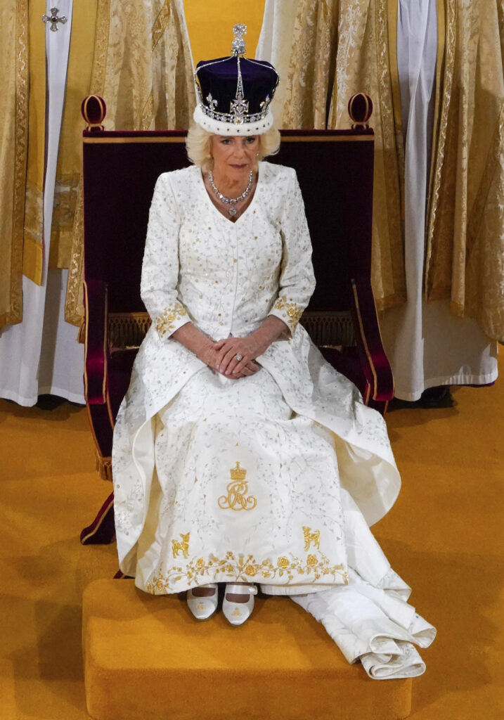 Queen Camilla during the coronation at Westminster Abbey, in London, Saturday, May 6, 2023. (Andrew Matthews/Pool via AP)
