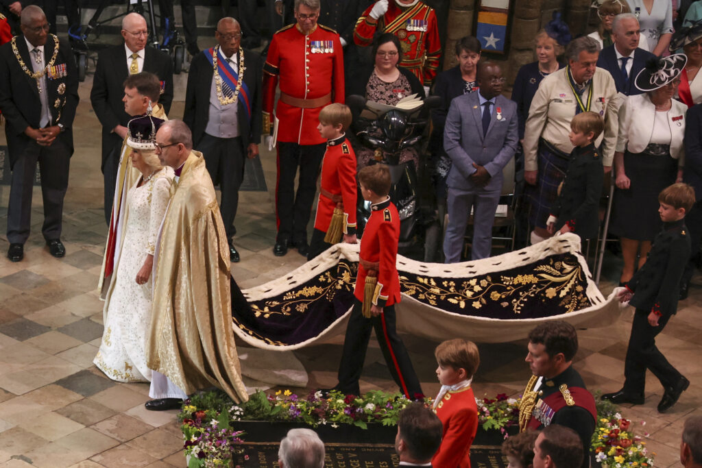 Queen Camilla leaves after her coronation ceremony, at Westminster Abbey, in London, Saturday, May 6, 2023. (Phil Noble/Pool Photo via AP)
