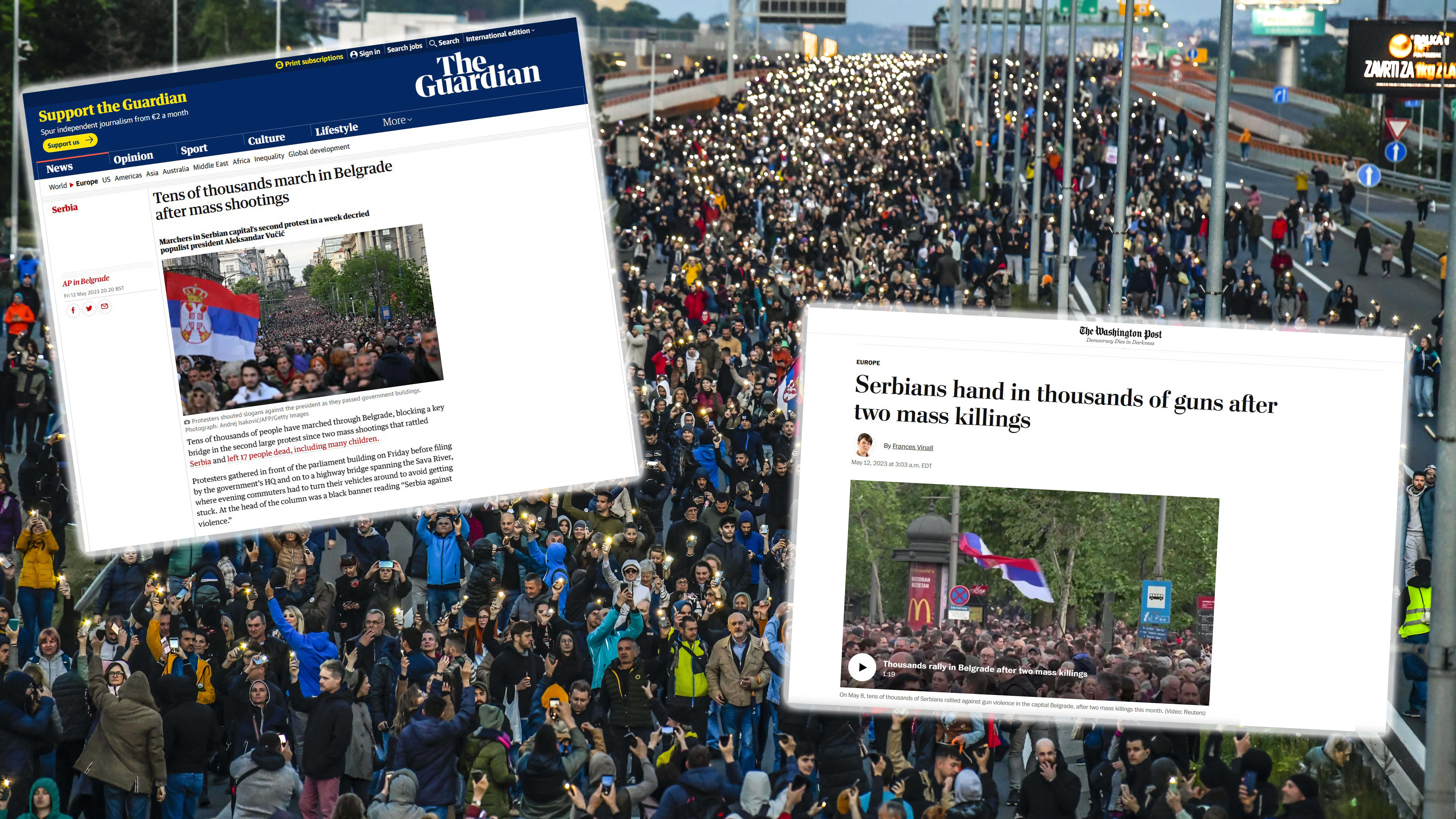 Protest protiv nasilja, Gazela, naslovne strane stranih portala, kombo Foto: Goran Srdanov/Nova.rs/The Guardian/The Washington Post