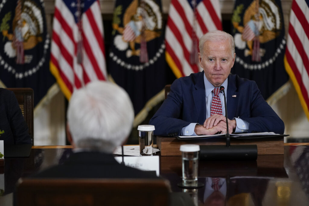 President Joe Biden attends a meeting with the President's Council of Advisors on Science and Technology in the State Dining Room of the White House, Tuesday, April 4, 2023, in Washington. (AP Photo/Patrick Semansky)