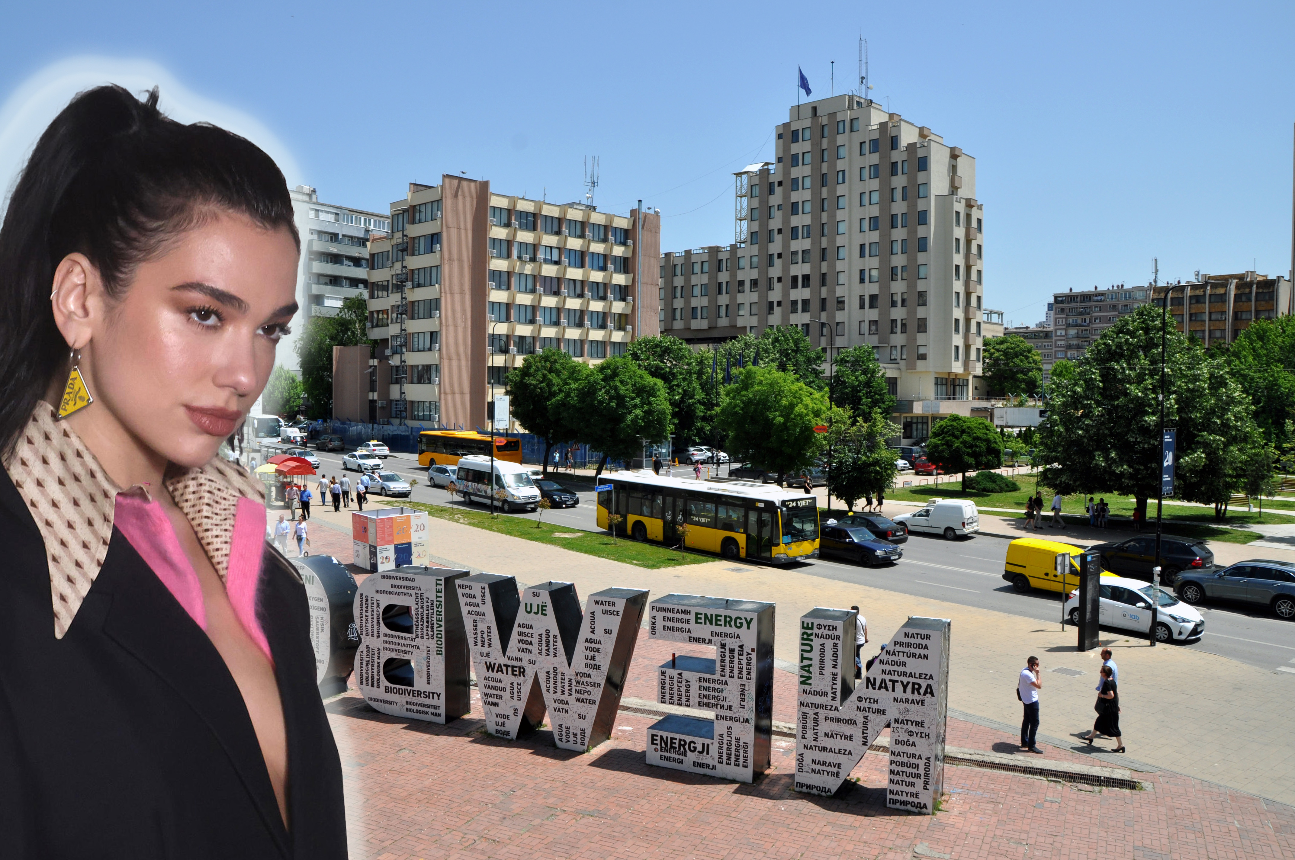 Dua Lipa PRISTINA, KOSOVO - JUNE 13, 2019: The Newborn monument was unveiled on 17 February 2008, the day that Kosovo declared its independence. It is decorated with the diferent design each year.