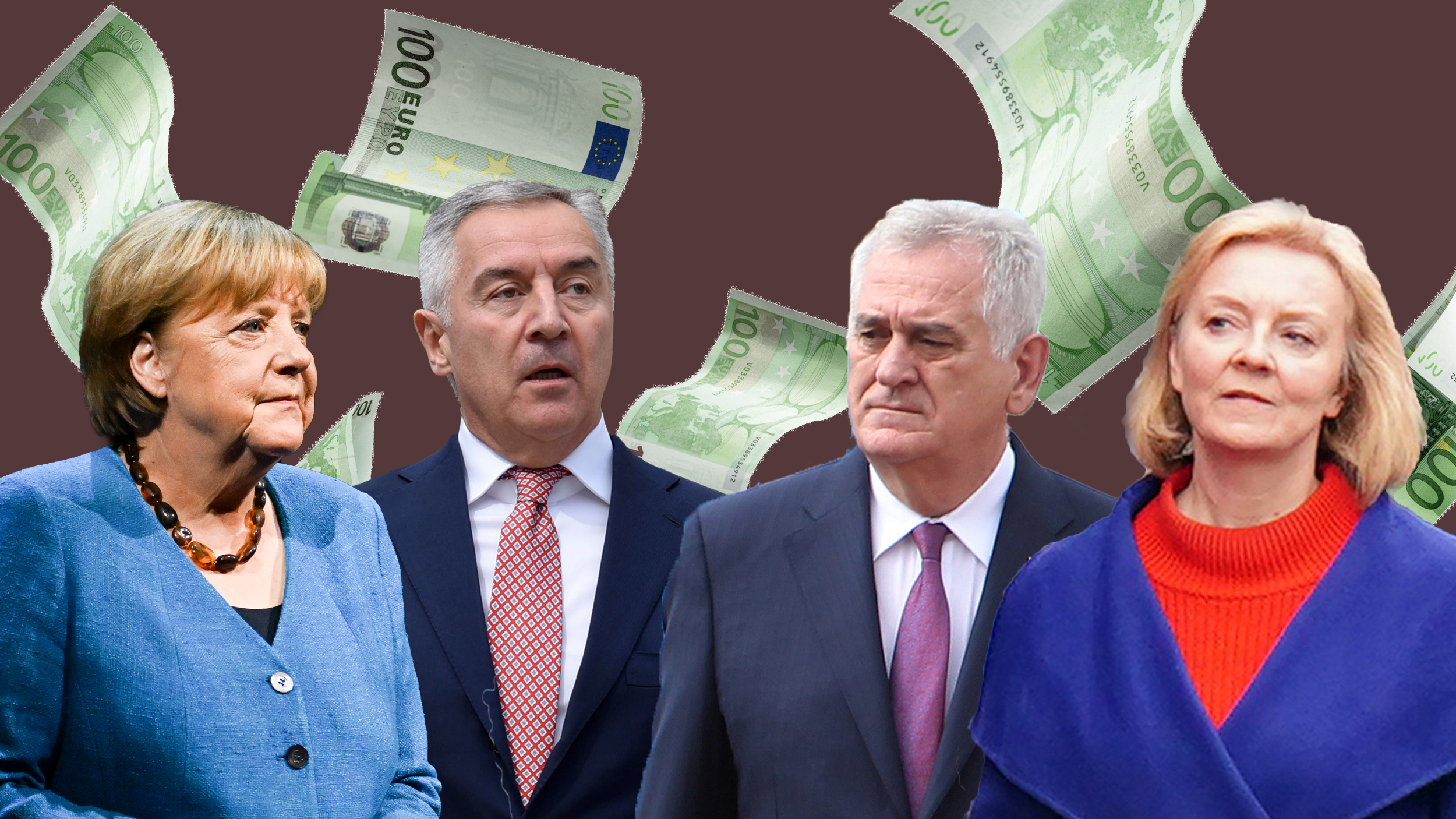 kombo: Angela Merkel, Milo Đukanović, Toma Nikolić i Liz Tras, i pare koje lete iza njih