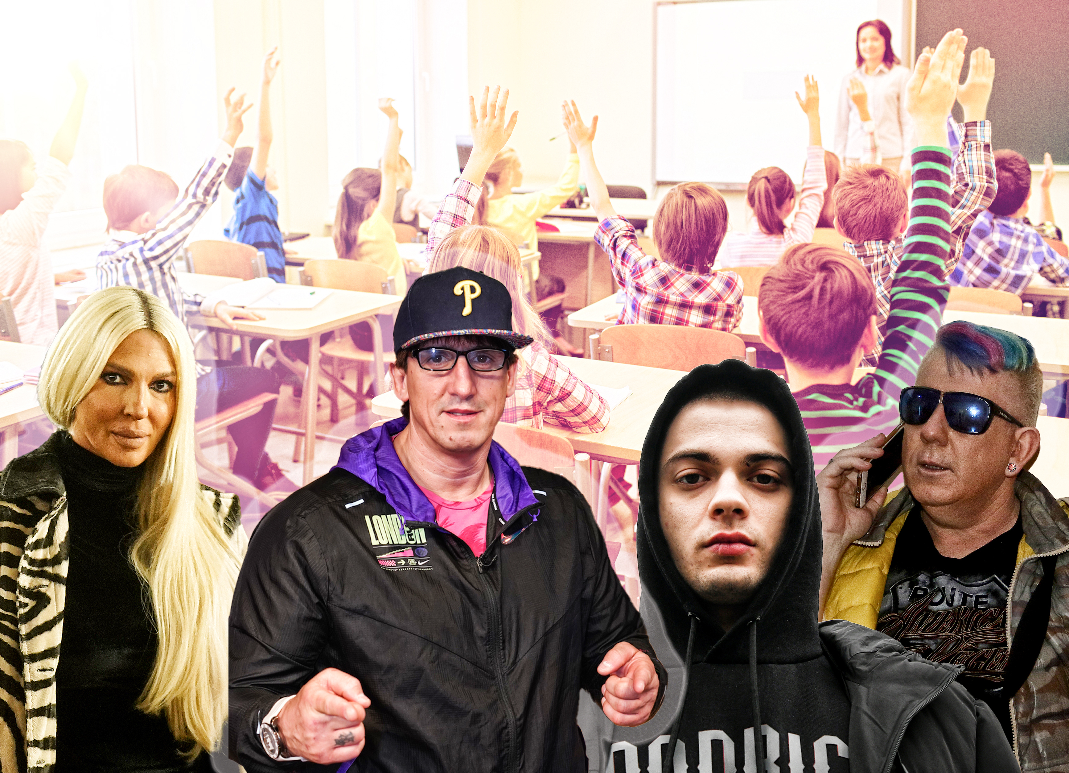 Kombo deca u školi u pozadini i Karleuša, Kristijan Golubović, Seksi Crni Cerak i Dj Krmak
 education, elementary school, learning and people concept - group of school kids with teacher sitting in classroom and raising hands