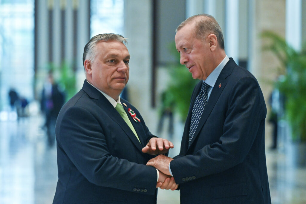 Turkey's President Recep Tayyip Erdogan, right, and Hungary's Prime Minister Viktor Orban shake hands, during a meeting in Ankara, Turkey, Thursday, March 16, 2023. Orban is in Turkey to attend a summit of the Organization of Turkic States. (AP Photo)