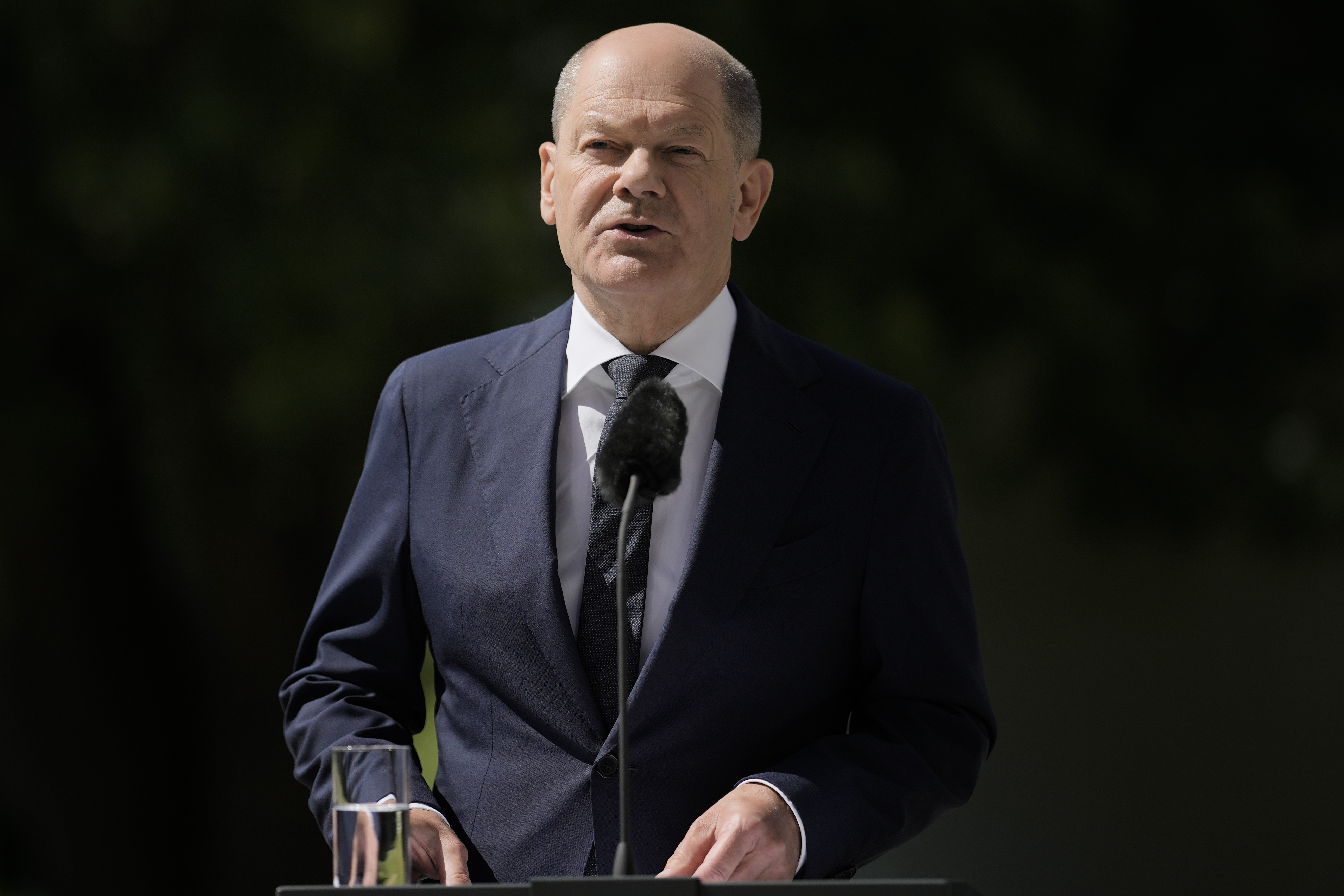 German Chancellor Olaf Scholz briefs the media during a news conference after a meeting of the "Alliance for Transformation" at the chancellery in Berlin, Germany, Friday, June 2, 2023. (AP Photo/Markus Schreiber)
