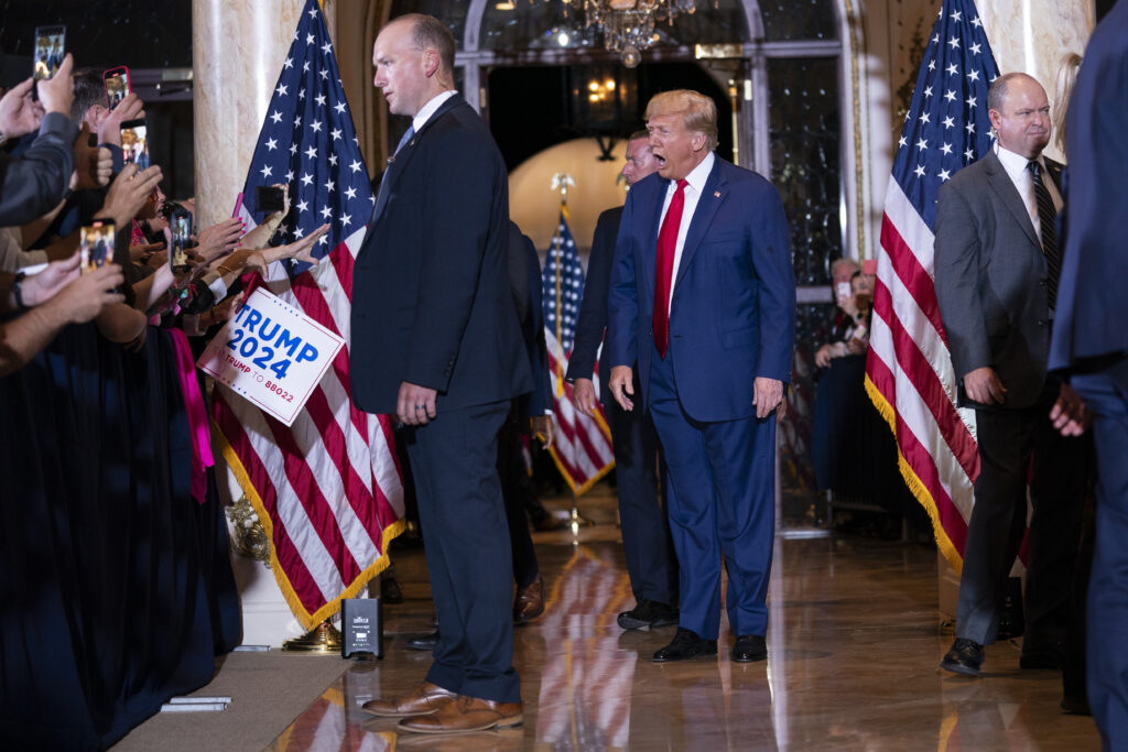 Former President Donald Trump arrives to speak at his Mar-a-Lago estate Tuesday, April 4, 2023, in Palm Beach, Fla., after being arraigned earlier in the day in New York City. (AP Photo/Evan Vucci)