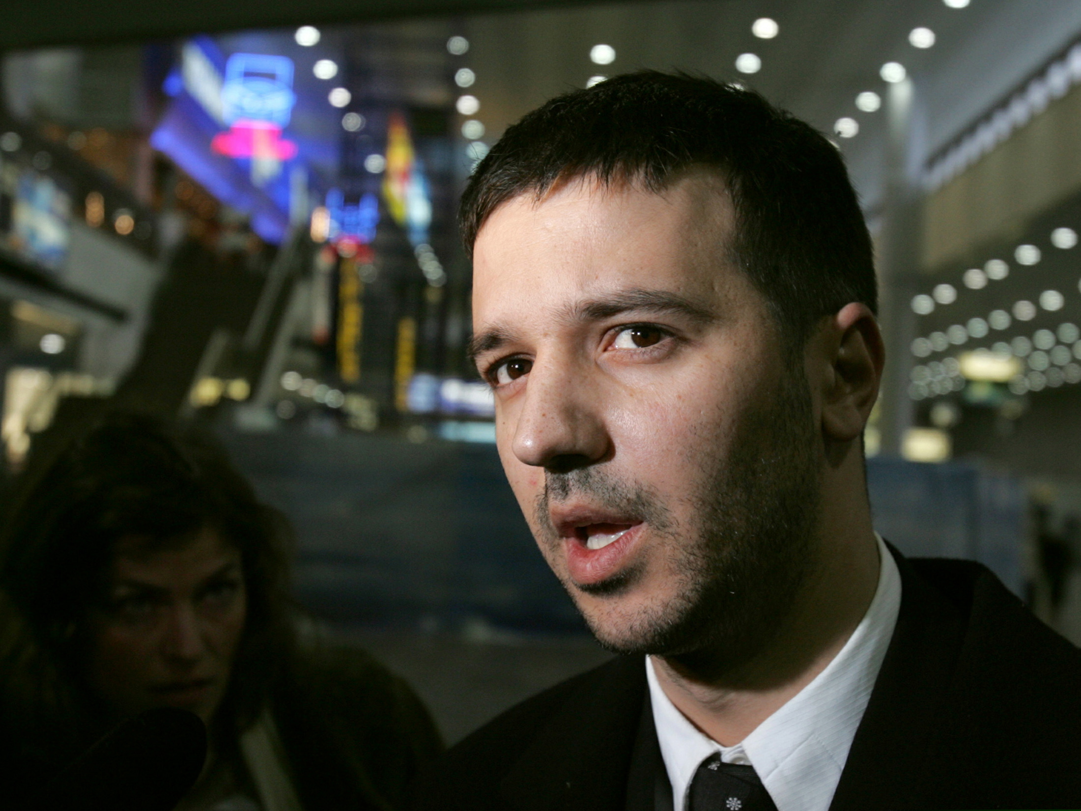 Marko Milosevic, the son of former Yugoslav leader [Slobodan] Milosevic, speaks at Sheremetyevo airp..