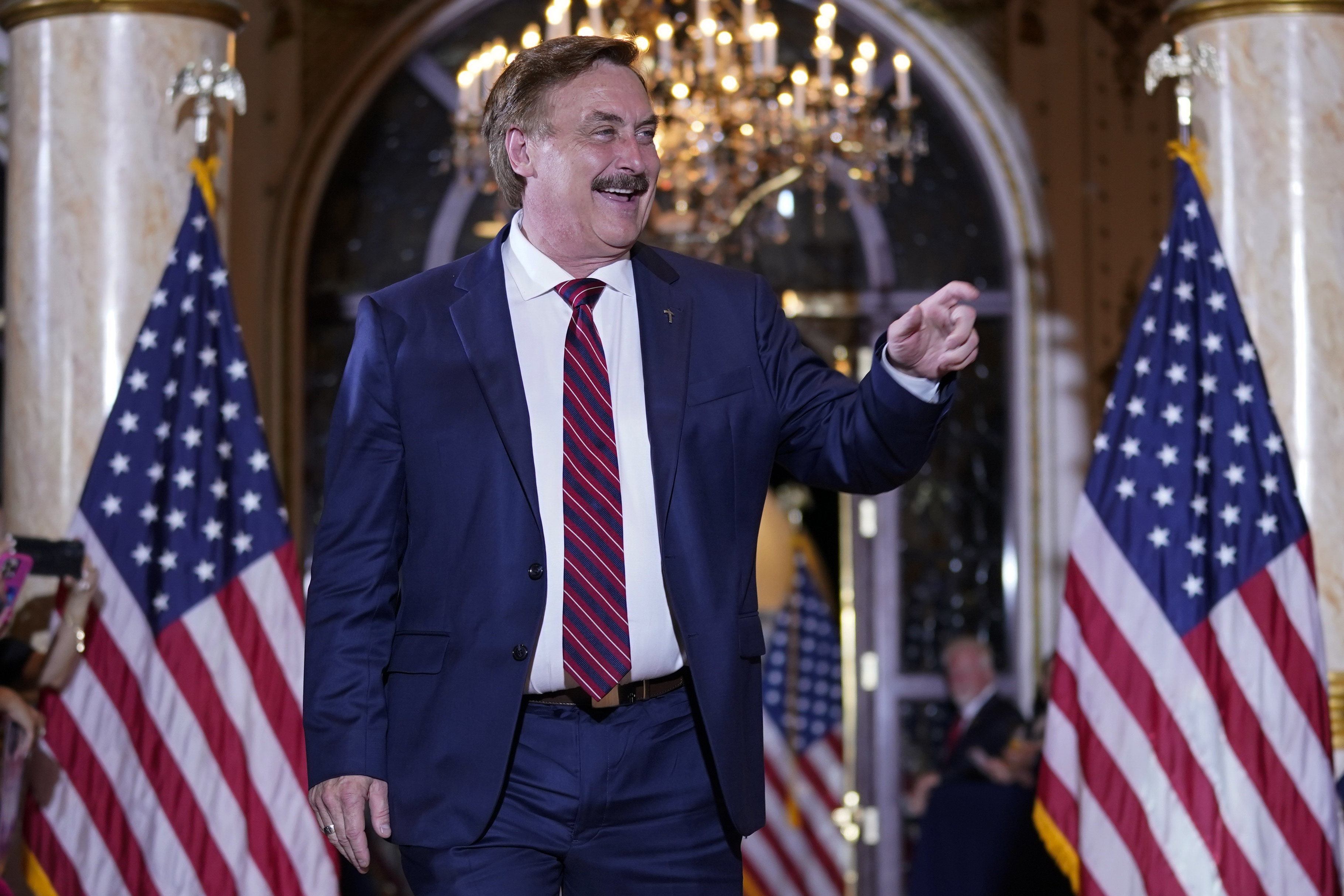 MyPillow CEO Mike Lindell arrives before former President Donald Trump speaks at his Mar-a-Lago estate Tuesday, April 4, 2023, in Palm Beach, Fla., after being arraigned earlier in the day in New York City. (AP Photo/Evan Vucci)