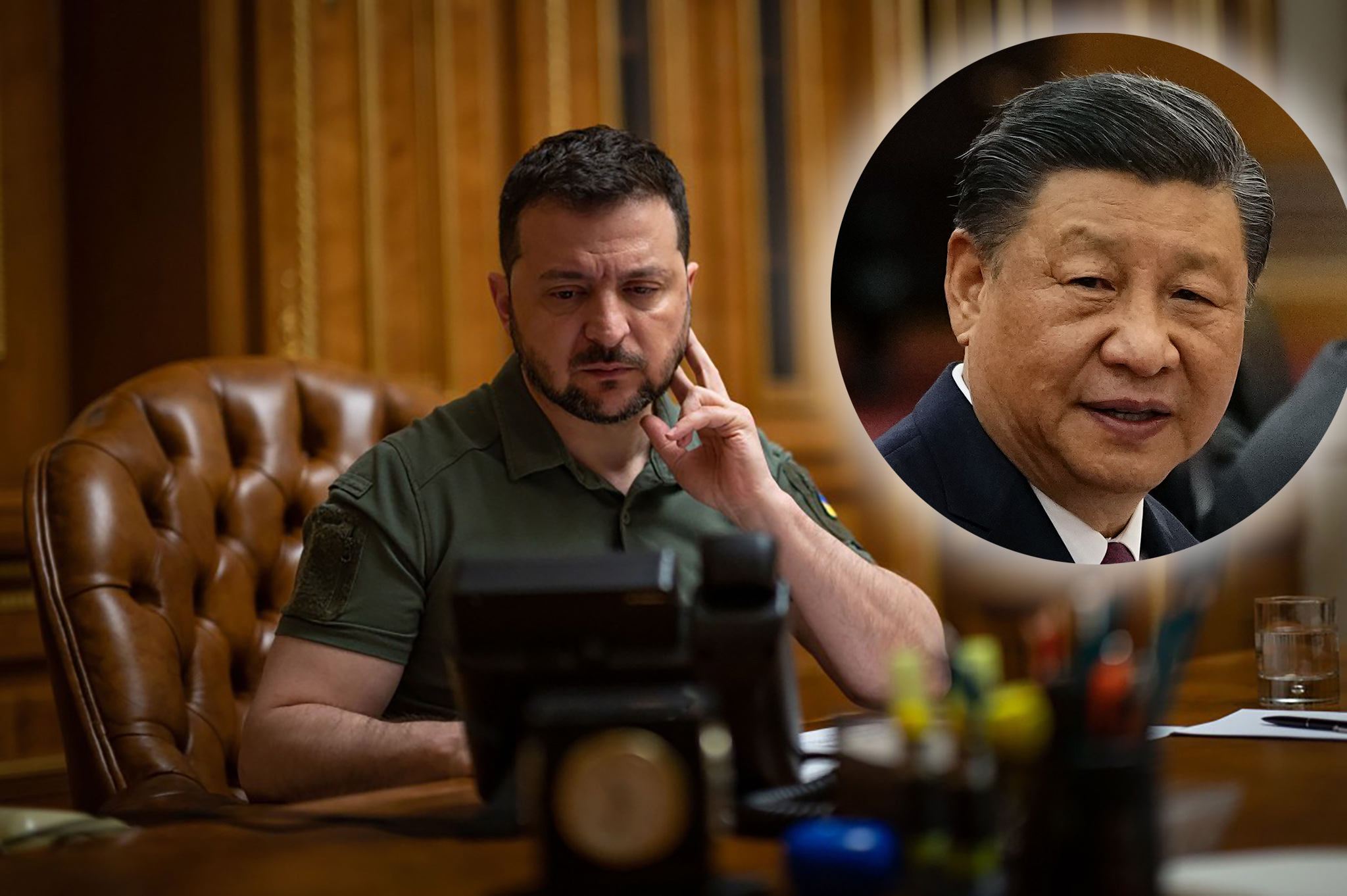 Ukrainian President Zelensky talking on the phone to the Chinese president