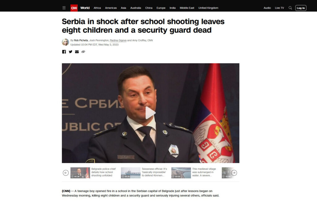 Naslovi na stranim portalima, dan posle pucnjave u školi Vladislav Ribnikar. CNN