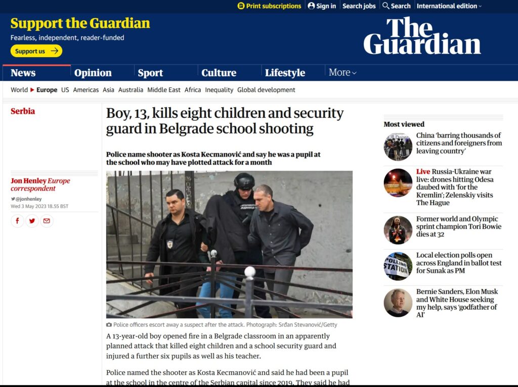 Naslovi na stranim portalima, dan posle pucnjave u školi Vladislav Ribnikar. The Guardian