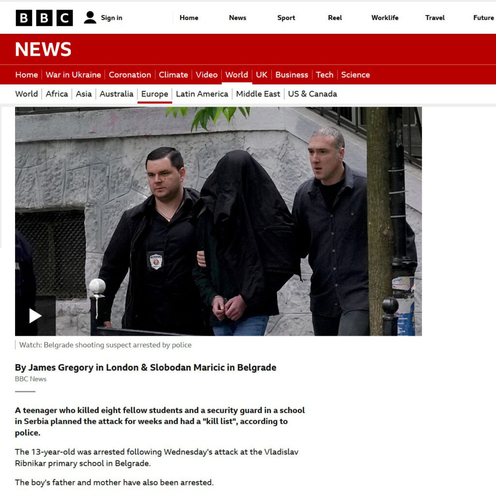 Naslovi na stranim portalima, dan posle pucnjave u školi Vladislav Ribnikar. BBC News