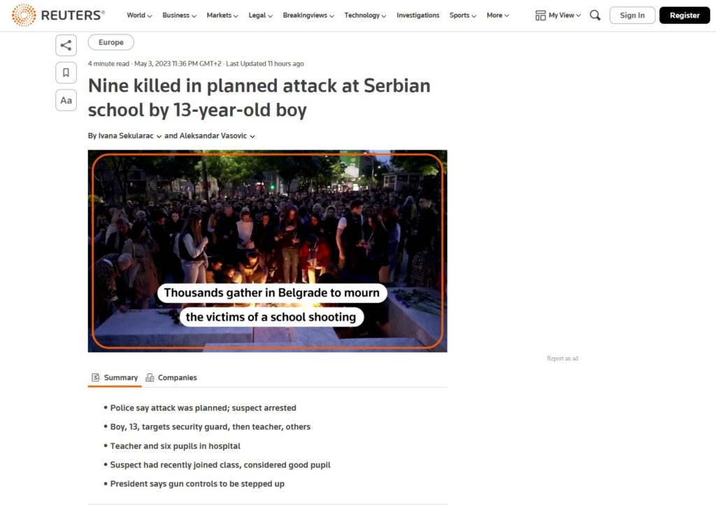 Naslovi na stranim portalima, dan posle pucnjave u školi Vladislav Ribnikar. Reuters