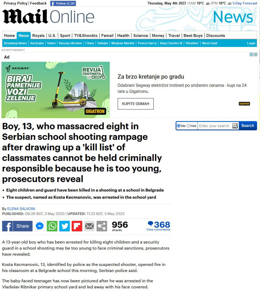 Naslovi na stranim portalima, dan posle pucnjave u školi Vladislav Ribnikar. Daily mail, Dejli mejl
