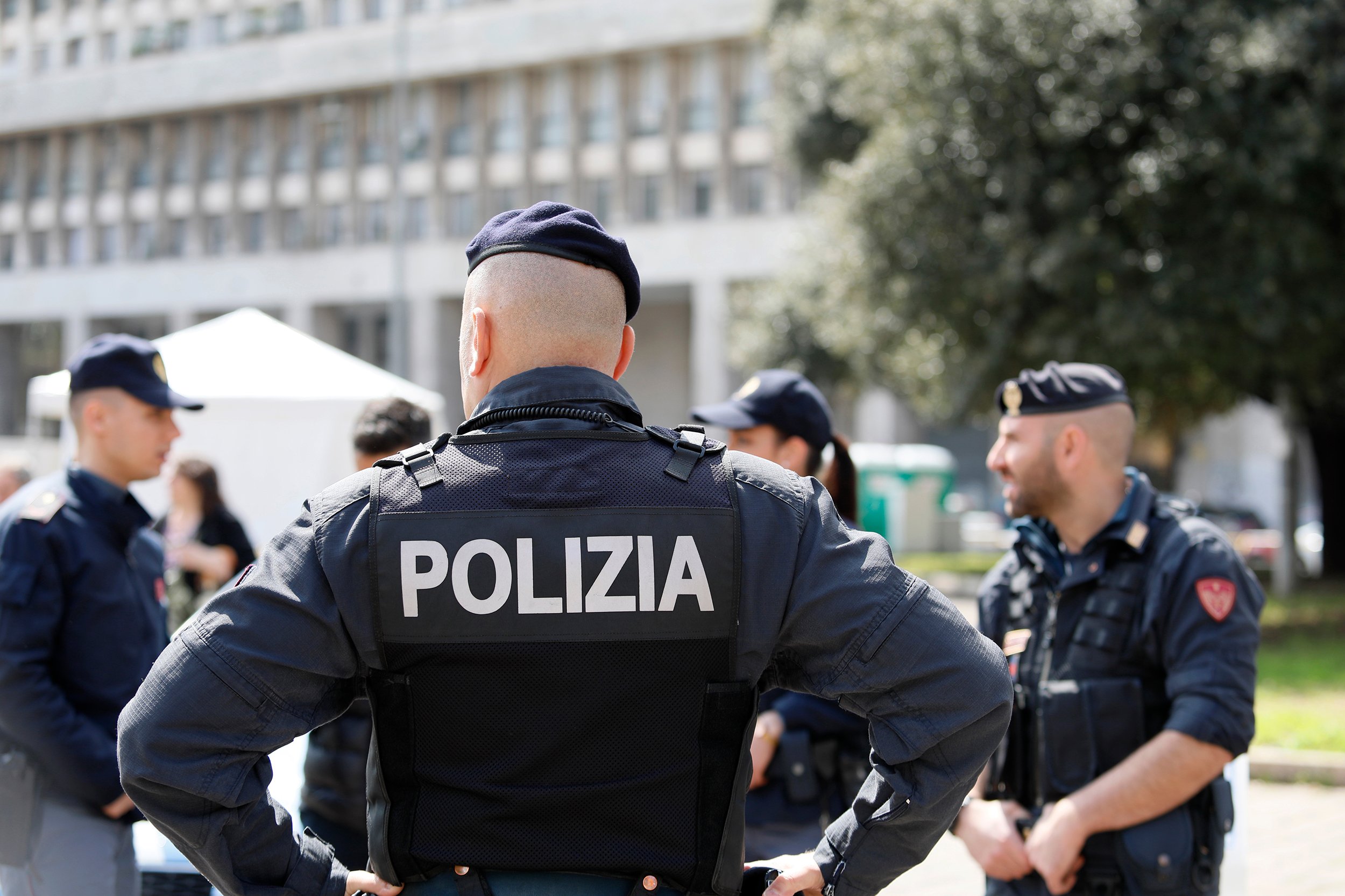 Rome, Italy - April 14, 2019: Piazza San Giovanni Bosco, agents of the mobile operating department in the square during the event for the celebrations of the 167th anniversary of the Italian Police.