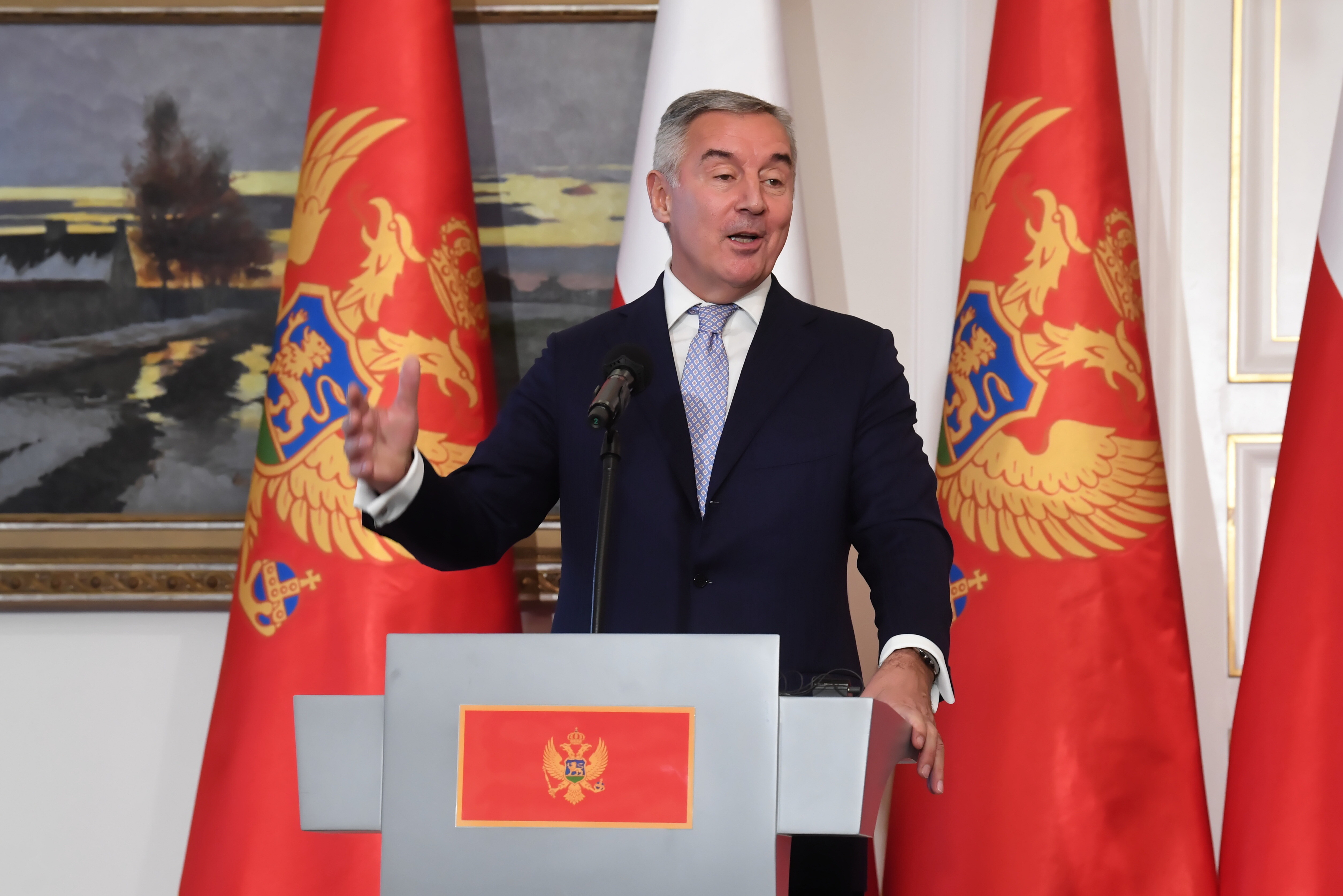 epa10268933 President of Montenegro Milo Djukanovic speaks during a joint press conference with his Polish counterpart (not pictured) following their meeting at the Belweder Palace in Warsaw, Poland, 27 October 2022.  EPA-EFE/ANDRZEJ LANGE POLAND OUT