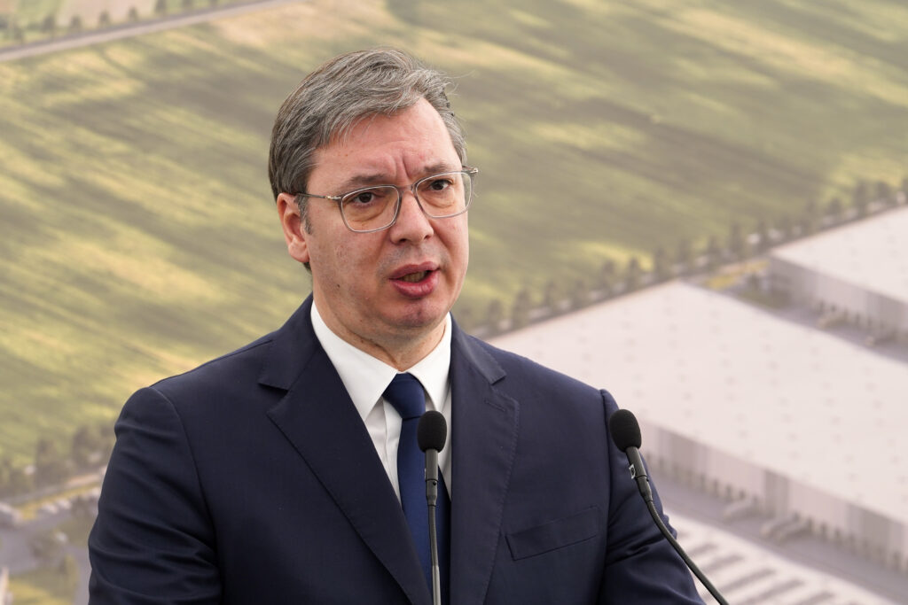 Dobanovci, 13. marta 2023 - Predsednik Srbije Aleksandar Vuèiæ prisustvuje obeleavanju poèetka radova na izgradnji industrijskog parka u Dobanovcima, u èiju gradnju investira panevropska kompanija VGP. FOTO TANJUG/ JADRANKA ILIÆ/ bs