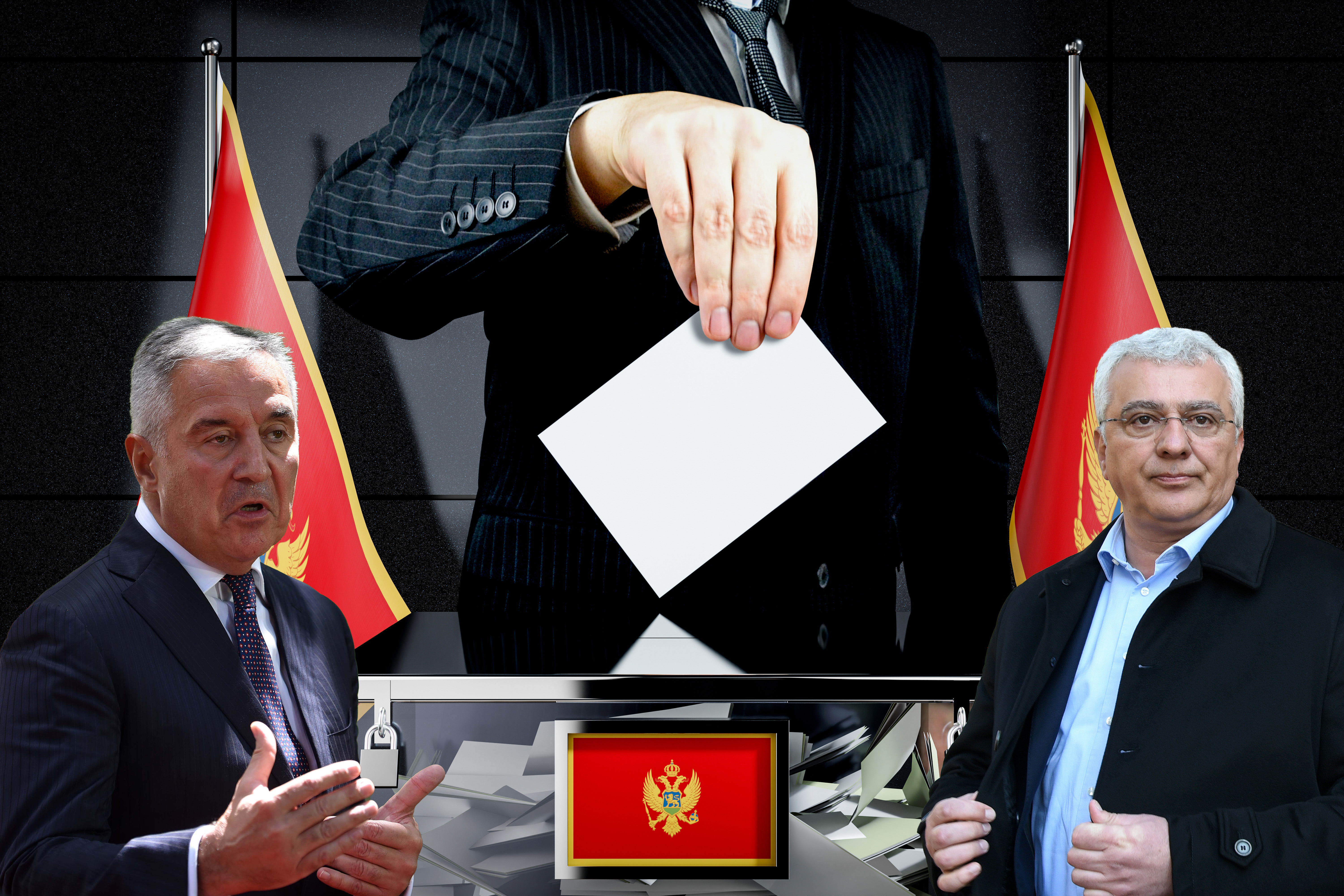Montenegro flags, hand dropping voting card - election concept - 3D illustration Andrija Mandić, Milo Đukanović, neka glasačka kutija i crnogorska zastava