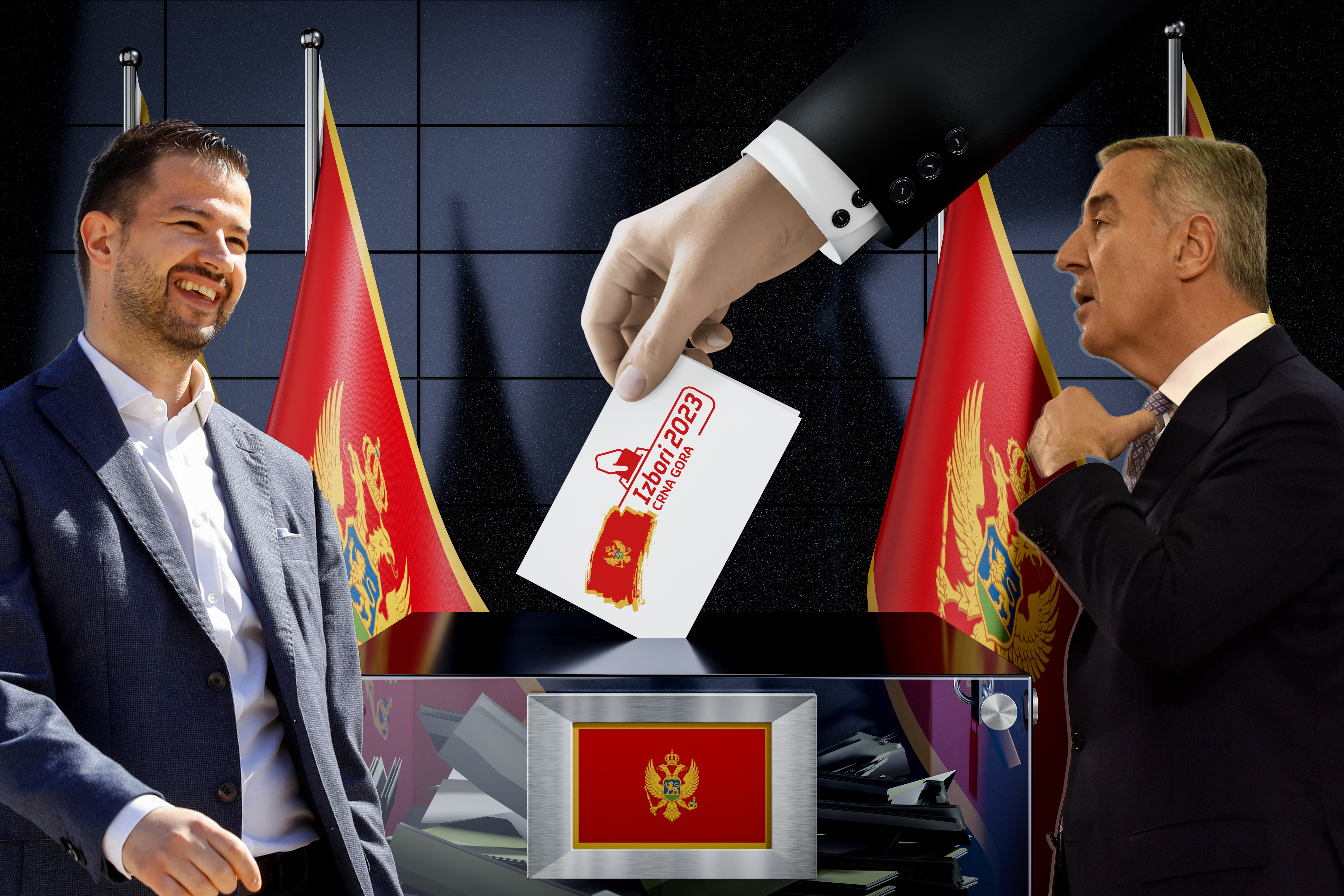Montenegro flags, hand dropping ballot card into a box - voting, election concept - 3D illustration