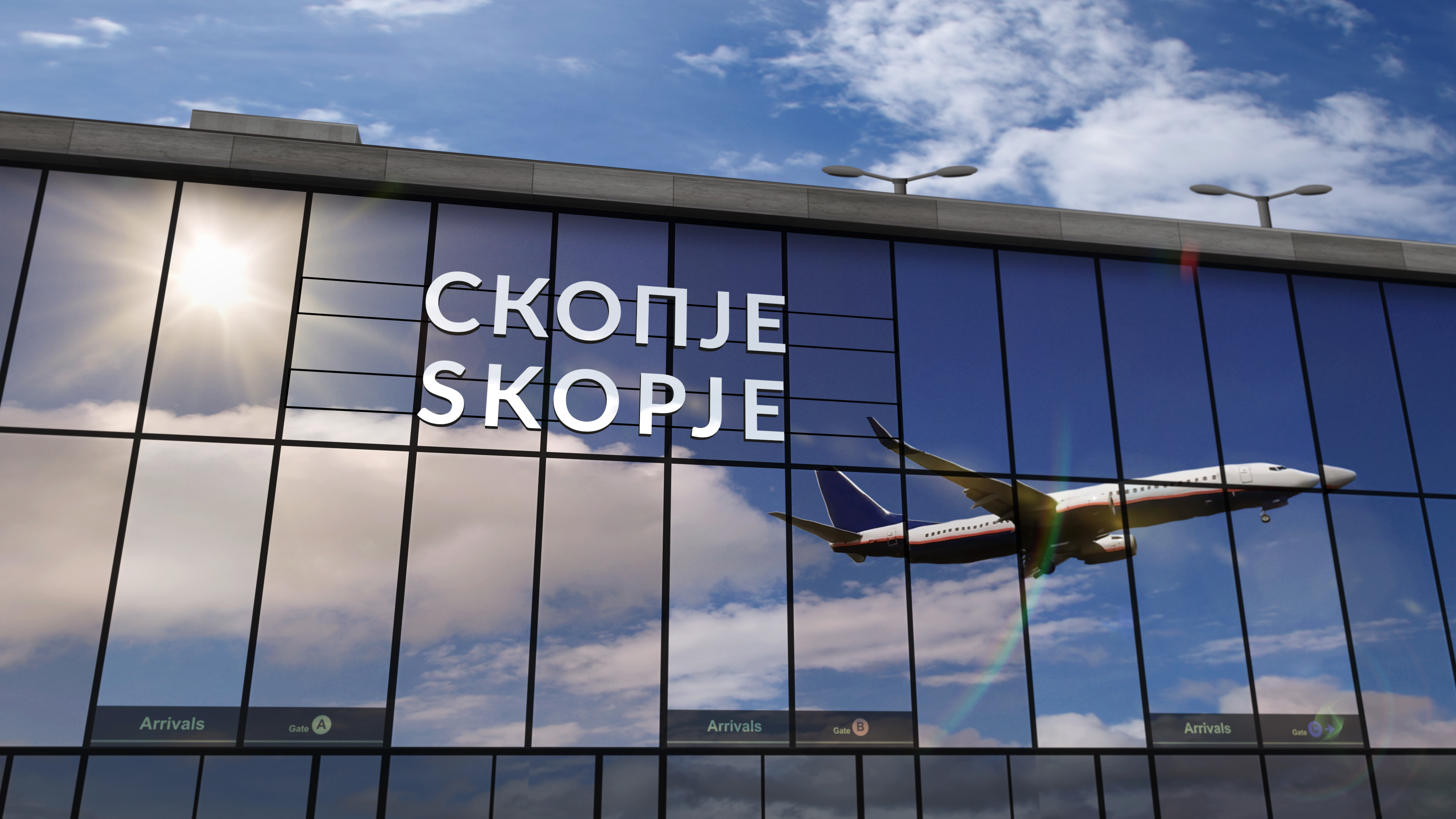 Jet aircraft landing at Skopje, North Macedonia 3D rendering illustration. Arrival in the city with the glass airport terminal and reflection of the plane. Travel, business and transport concept.