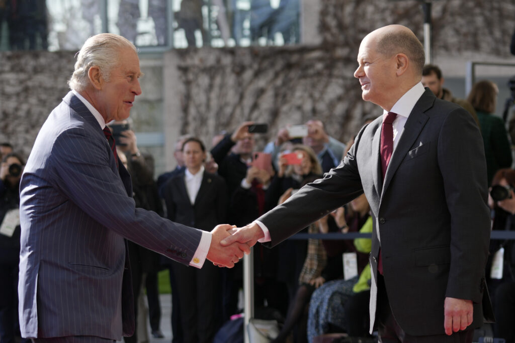 German Chancellor Olaf Scholz welcomes Britain's King Charles III at the chancellery in Berlin, Thursday, March 30, 2023. King Charles III arrived Wednesday for a three-day official visit to Germany. (AP Photo/Matthias Schrader)