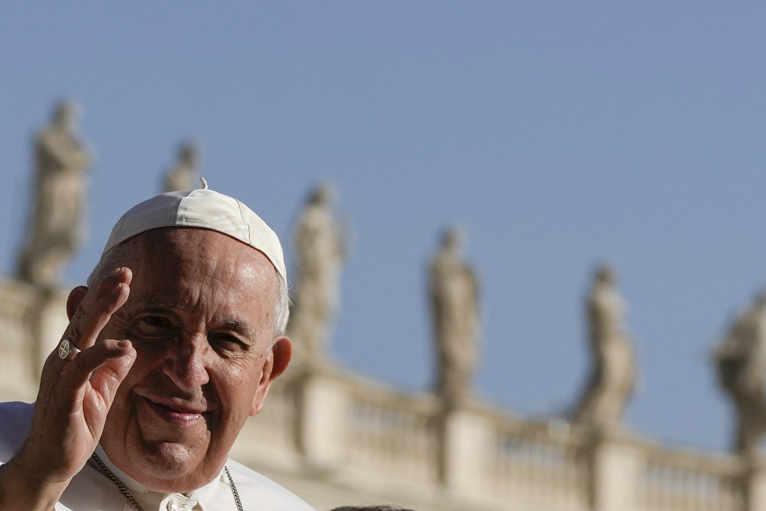 Pope Francis blesses faithful and pilgrims as he arrives for his weekly general audience in St. Peter's Square, at the Vatican, Wednesday, Sept. 7, 2022. (AP Photo/Alessandra Tarantino)