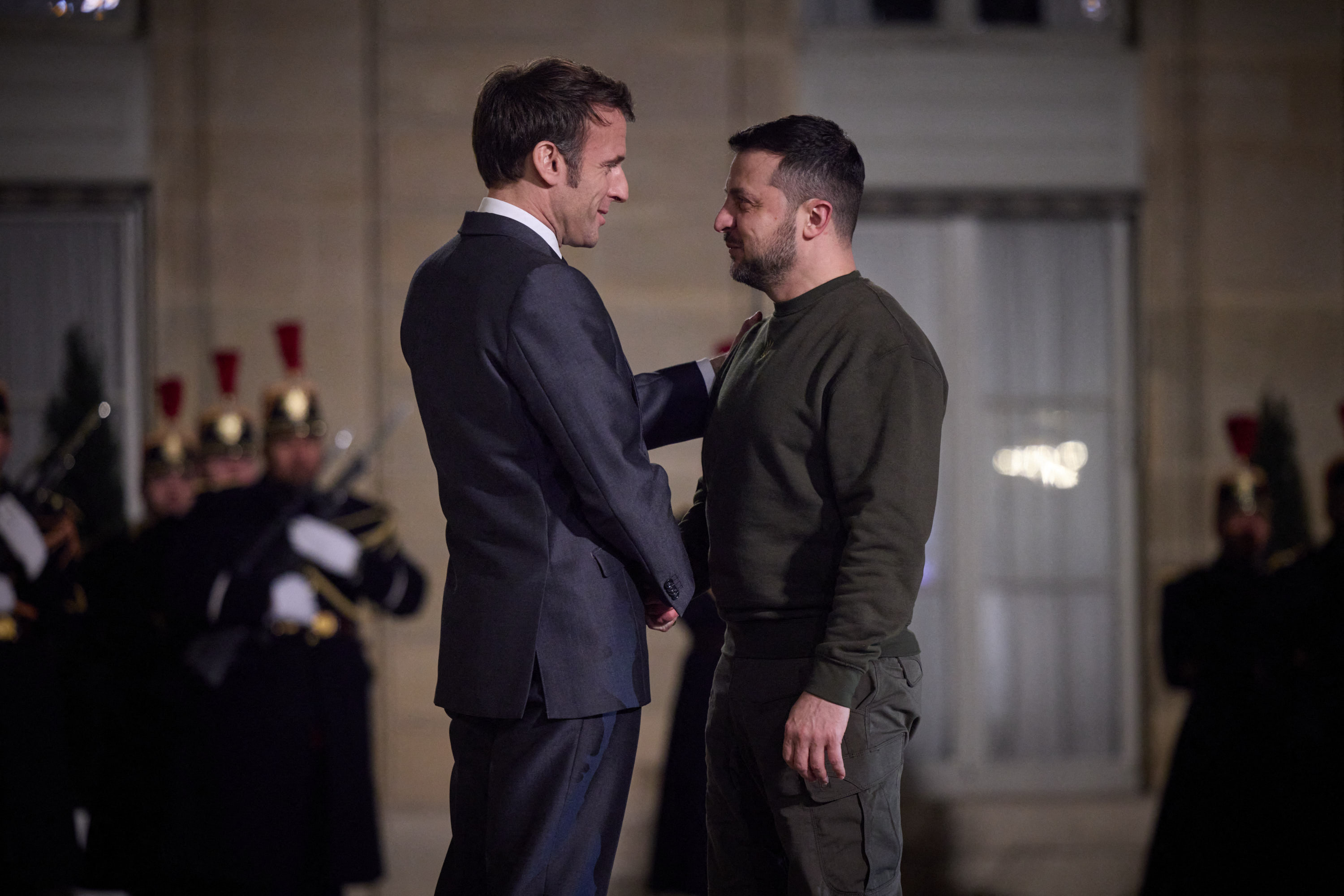 Ukrainian President Volodymyr Zelensky arrives in Paris, France, where he met with French President Emmanuel Macron and German Chancellor Olaf Scholz, Wednesday February 8, 2023. Byline: President of Ukraine