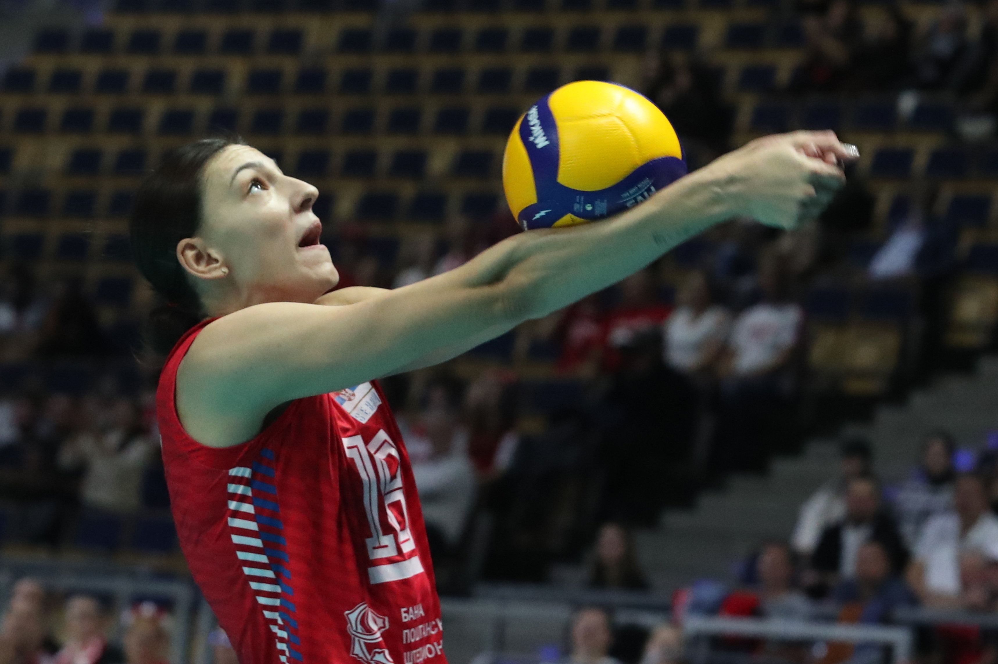 epa10231213 Tijana Boskovic of Serbia in action during the 2022 Volleyball Women's World Championship second round match between Serbia and Turkey in Lodz, Poland, 08 October 2022.  EPA-EFE/Roman Zawistowski POLAND OUT
