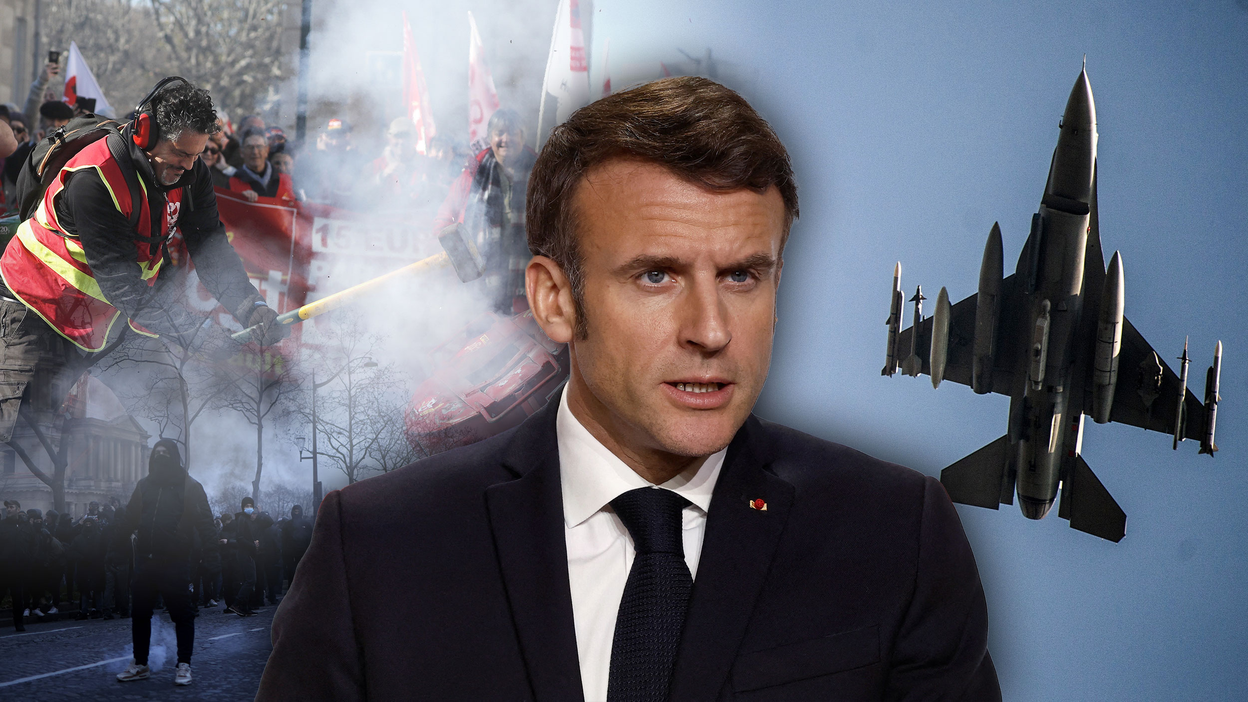 Emanuel Makron, Protesti Pariz, F 16, Kombo