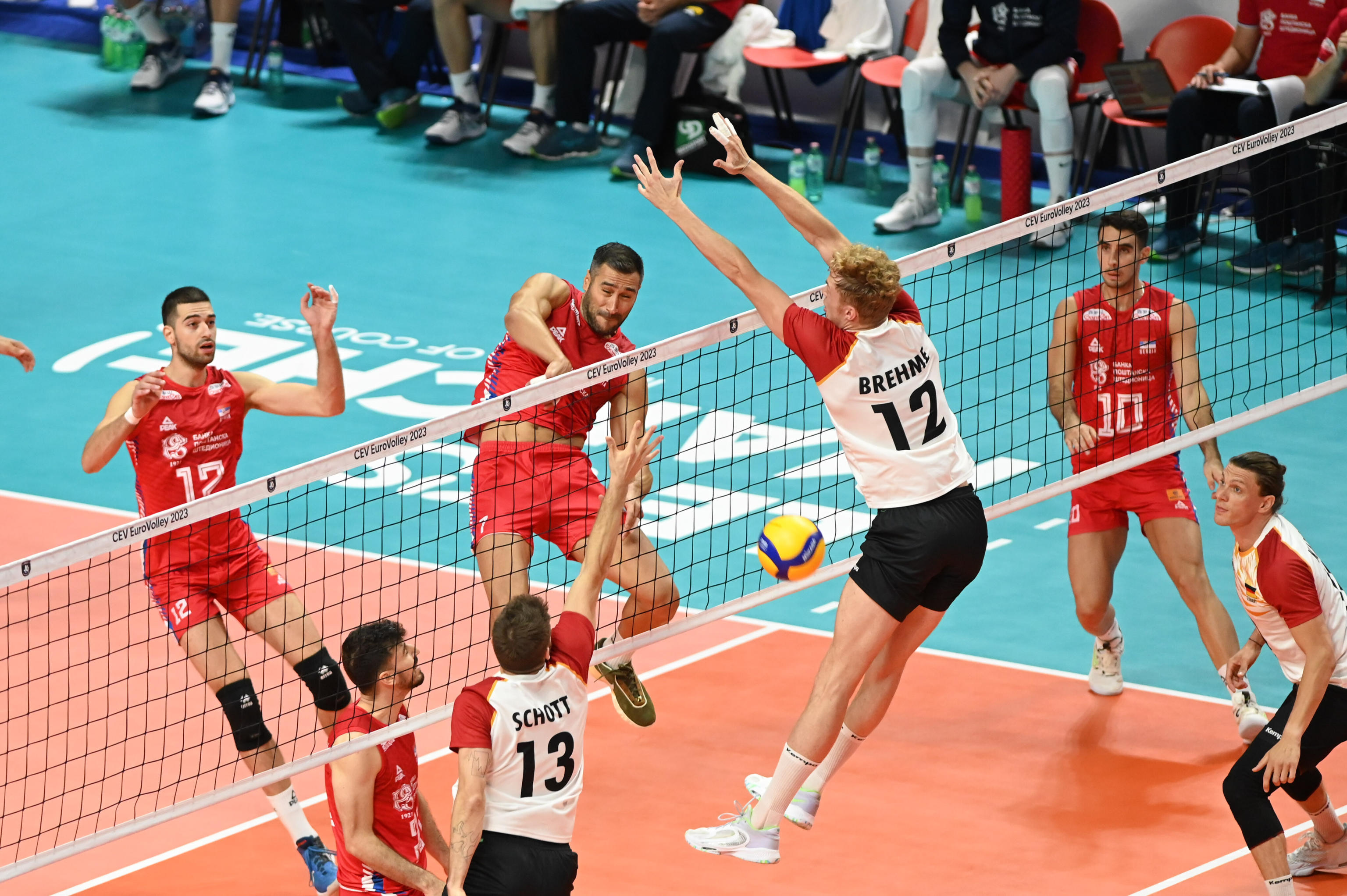 epa10842773 Serbia's Petar Krsmanovic #7 attacks during the CEV Eurovolley Men Pool A match Germany vs Serbia at the Pala Rossini in Ancona, Italy, 05 September 2023.  EPA-EFE/ROBERTO BARTOMEOLI